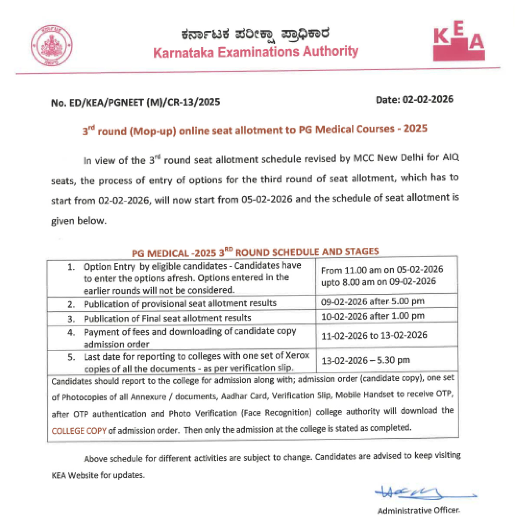 KARNATAKA PG COUNSELLING LATEST UPDATE 2025- ROUND3 SCHEDULE
