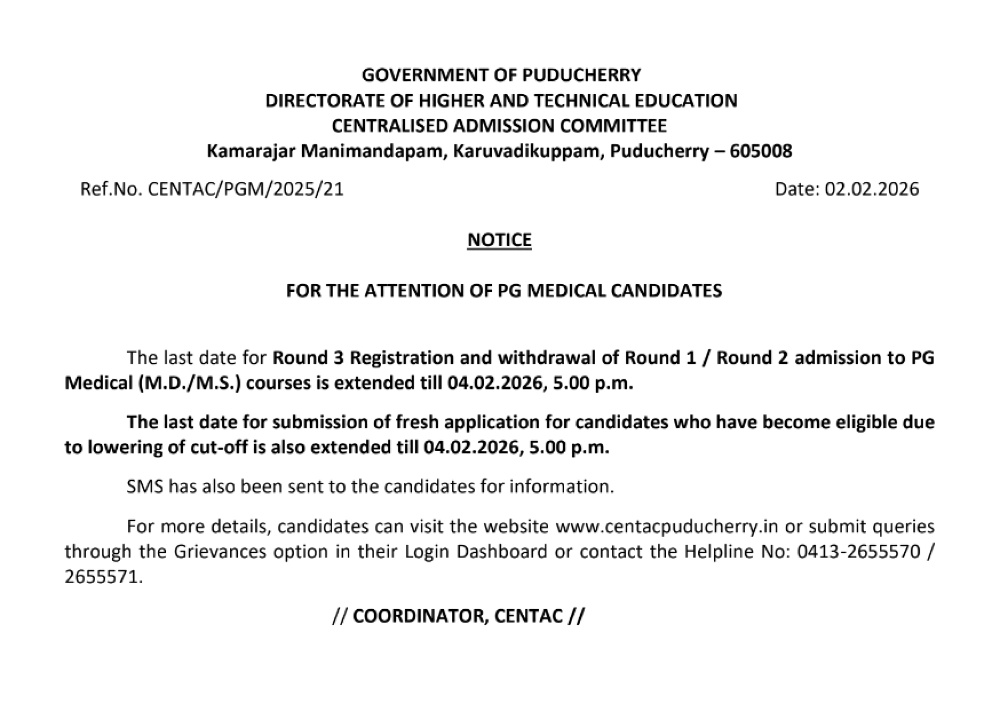 PONDICHERRY PG COUNSELLING LATEST UPDATE 2025- ROUND3 REGISTRATION DATE EXTENDED