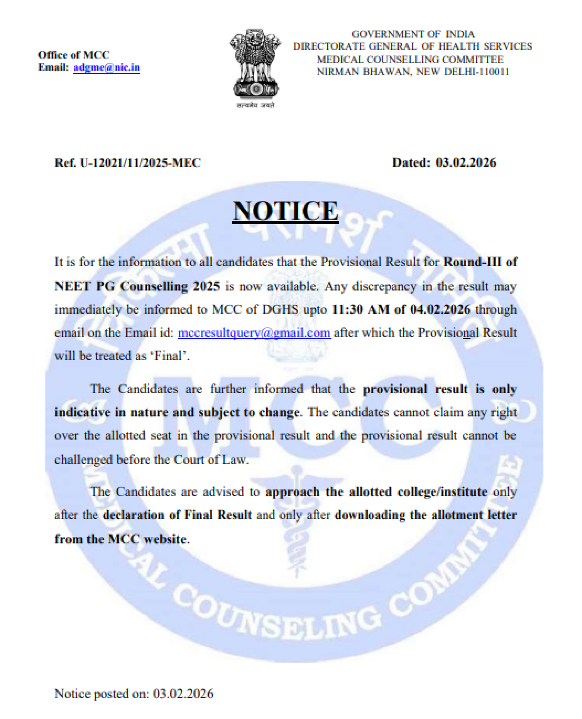MCC PG COUNSELLING LATEST UPDATE 2025- PROVISIONAL RESULT ROUND 3 PUBLISHED