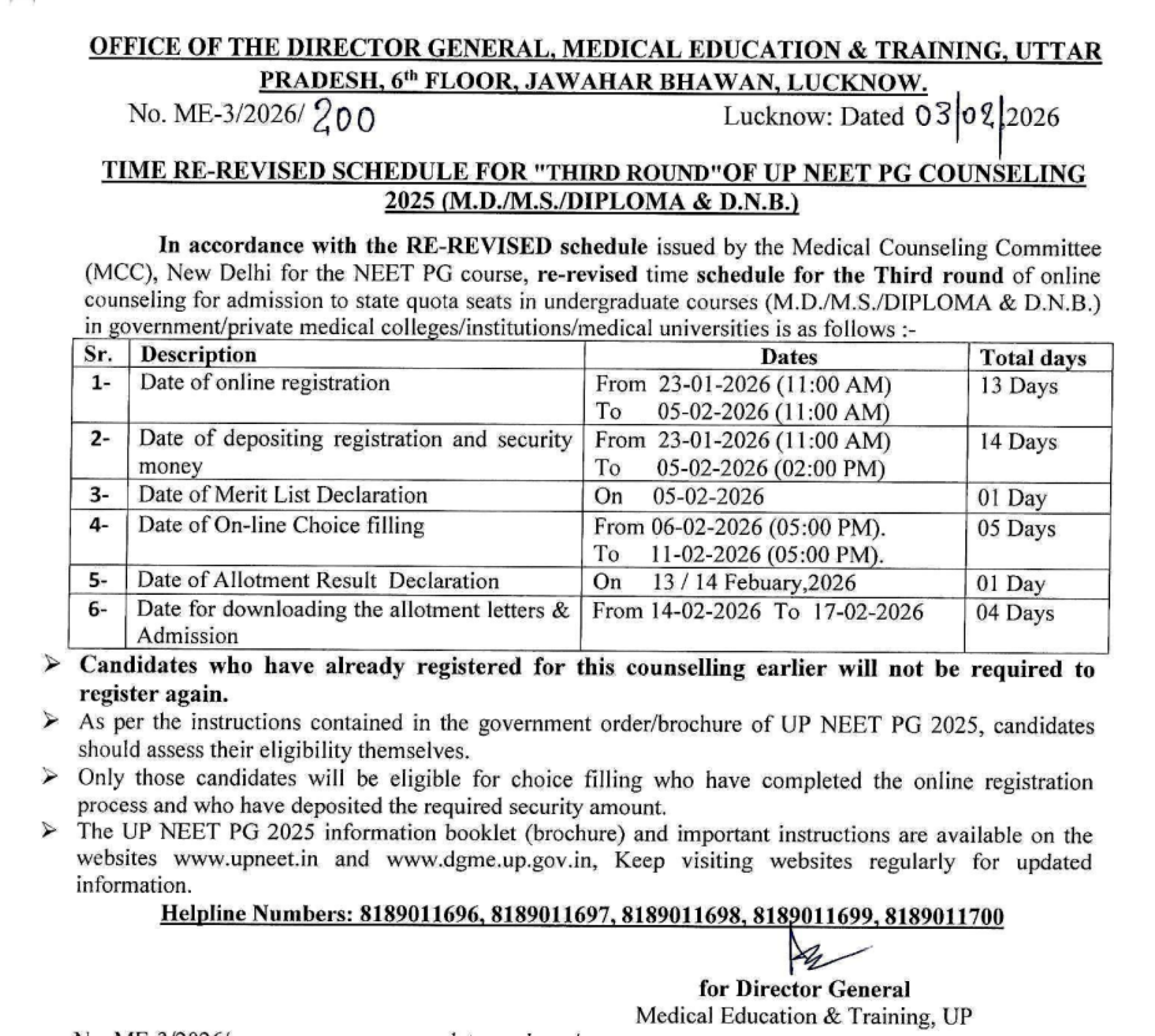 UP PG COUNSELLING LATEST UPDATE 2025- ROUND 3 REVISED SCHEDULE