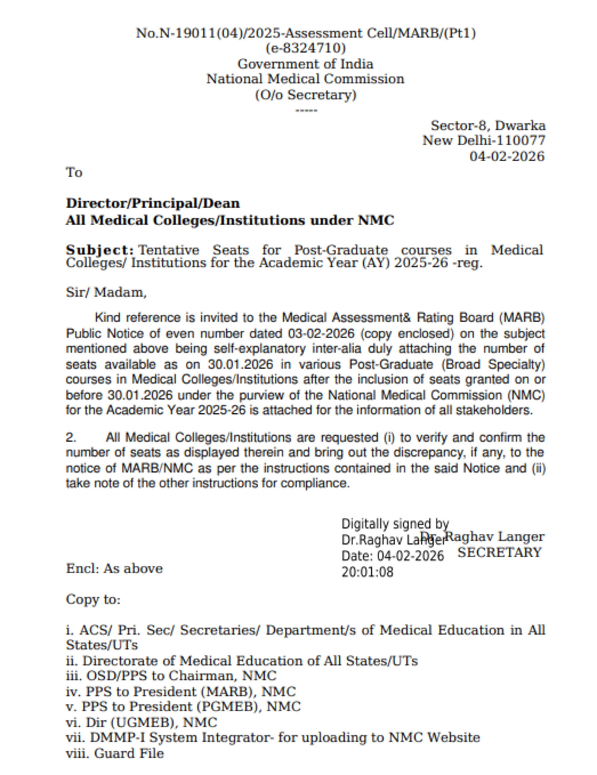 NMC PG COUNSELLING LATEST UPDATE 2025- TENTATIVE SEAT MATRIX