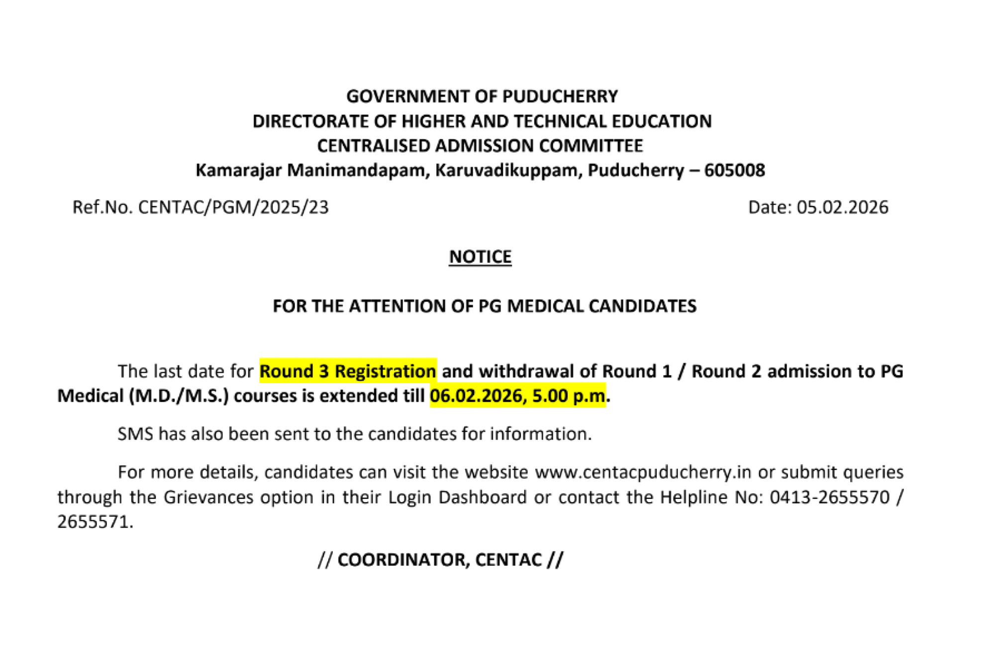 PONDICHERRY PG COUNSELLING LATEST UPDATE 2025- DATE EXTENSION FOR REGISTRATION & WITHDRAWAL