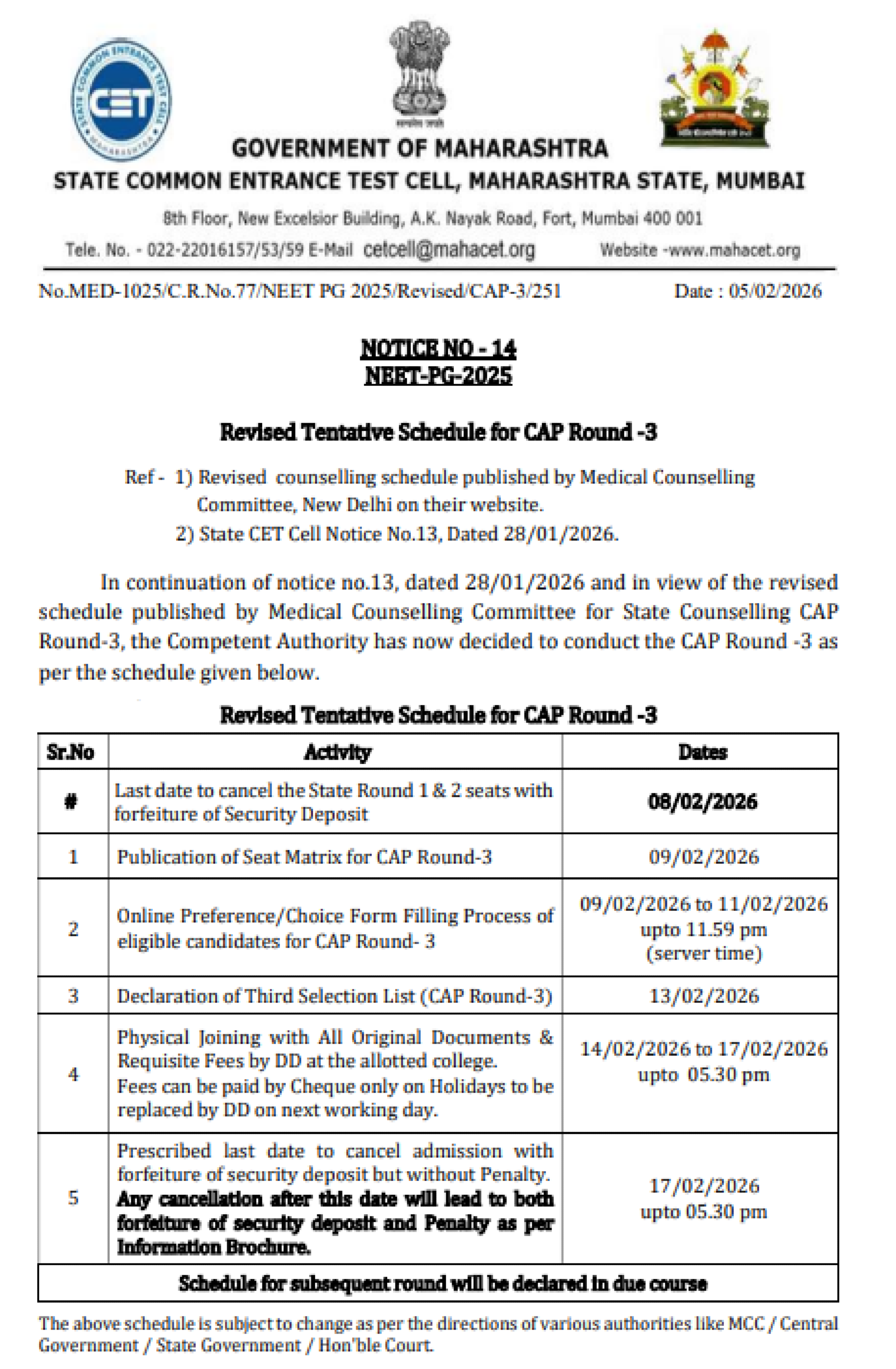 MAHARASHTRA PG COUNSELLING LATEST UPDATE 2025- REVISED SCHEDULE ROUND 3