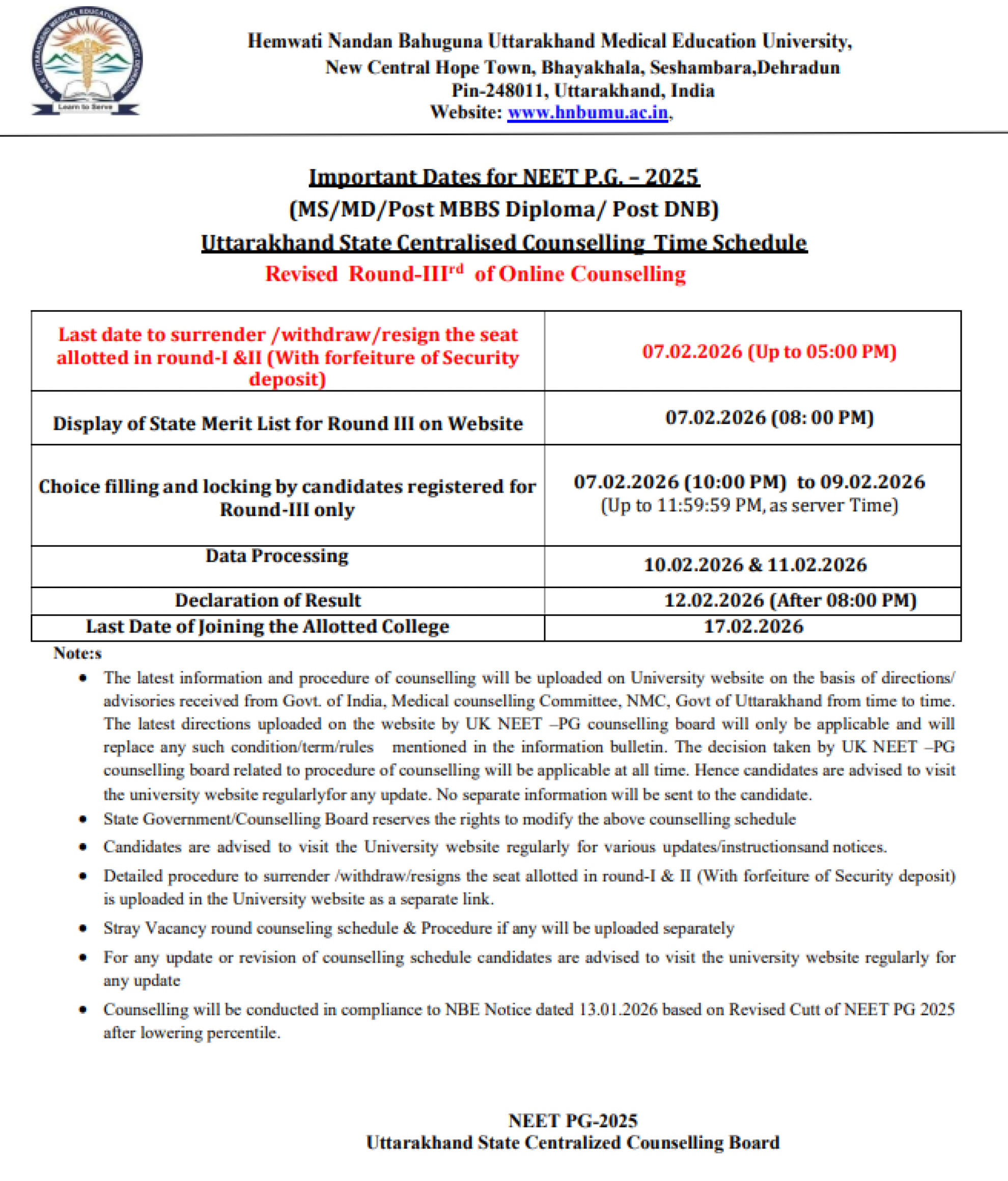 UTTARAKHAND PG COUNSELLING LATEST UPDATE 2025- REVISED ROUND 3 SCHEDULE DATED 06-02-2026