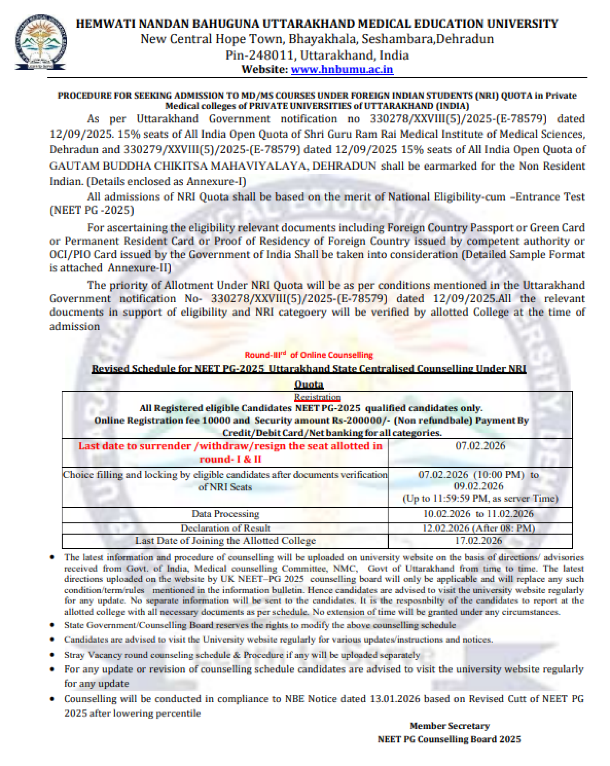 UTTARAKHAND PG COUNSELLING LATEST UPDATE 2025- REVISED NRI ROUND 3 SCHEDULE DATED 06-02-2026