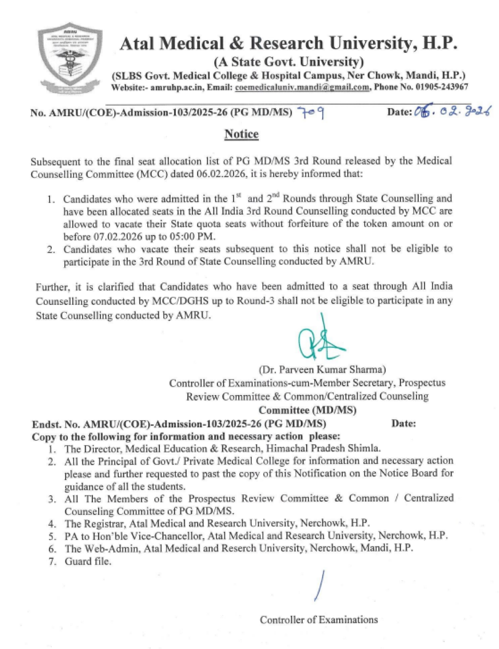 HIMACHAL PG COUNSELLING LATEST UPDATE 2025- NOTICE FOR PERMISSION TO VACANT SEATS