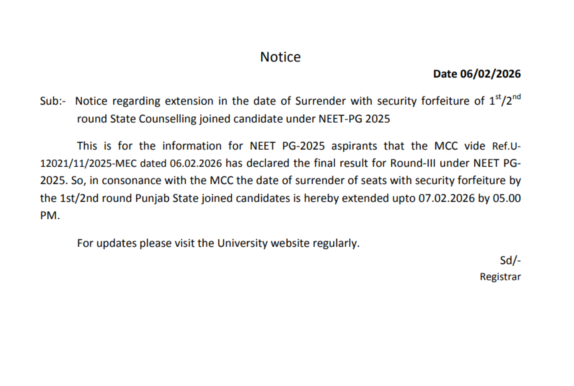 PUNJAB MD MS COUNSELLING LATEST UPDATE 2025- SEAT SURRENDER DATE EXTENDED