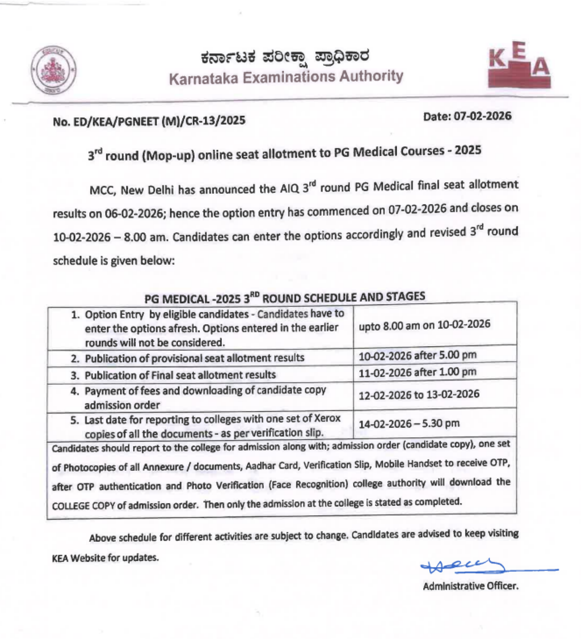 KARNATAKA PG COUNSELLING LATEST UPDATE 2025- REVISED SCHEDULE & STAGES ROUND 3