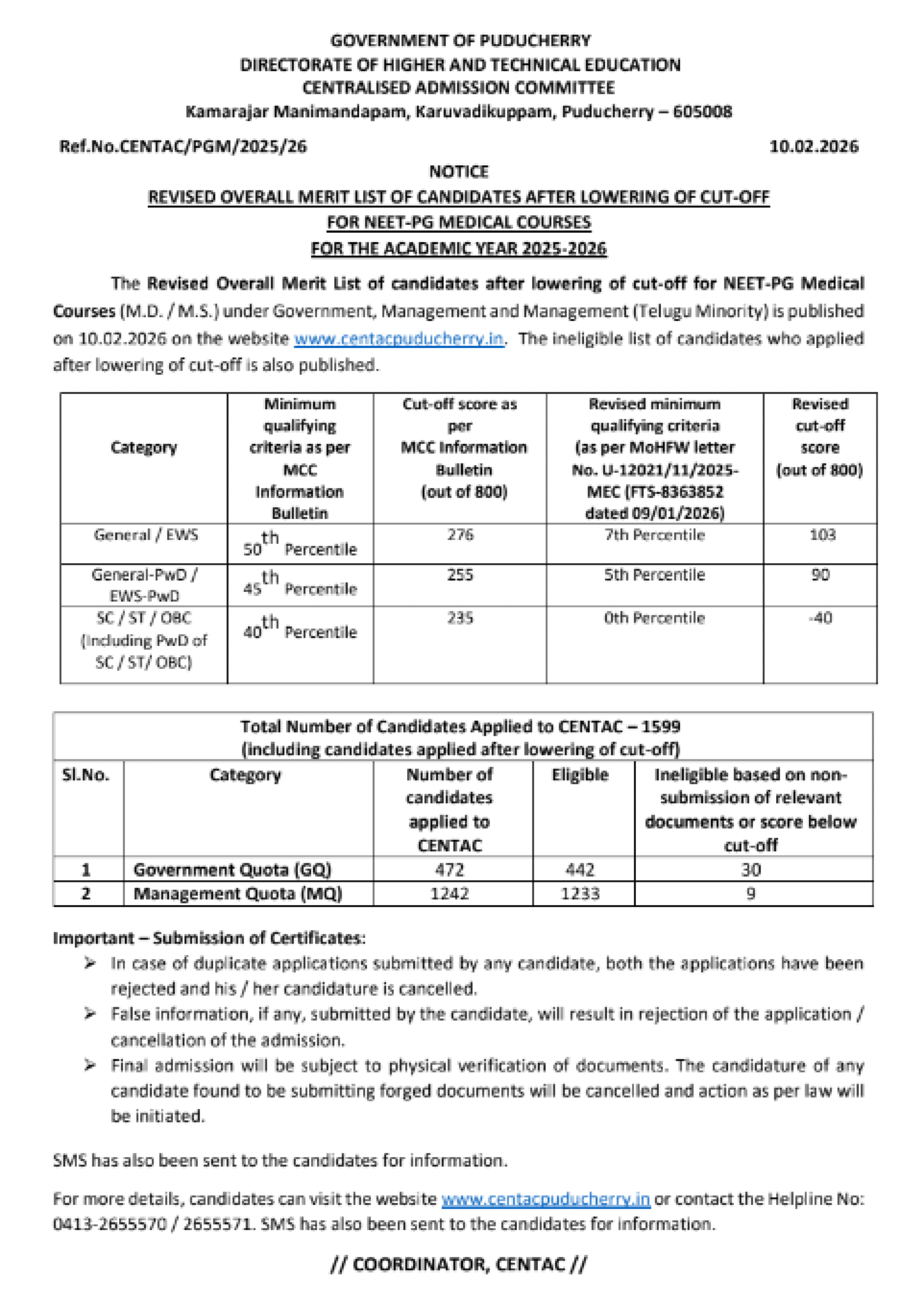 PONDICHERRY PG COUNSELLING LATEST UPDATE 2025- REVISED OVERALL MERIT LIST ROUND 3 PUBLISHED