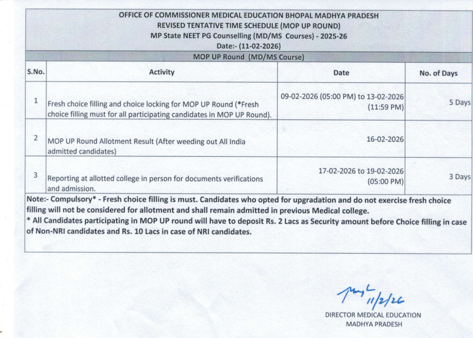 MP PG COUNSELLING LATEST UPDATE 2025- ROUND 3 REVISED SCHEDULE DATED 11-02-2026