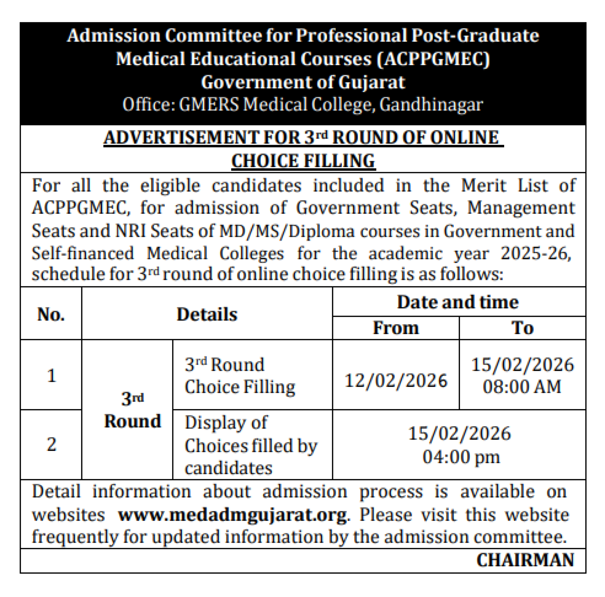 GUJARAT PG COUNSELLING LATEST UPDATE 2025- CHOICE FILLING SCHEDULE