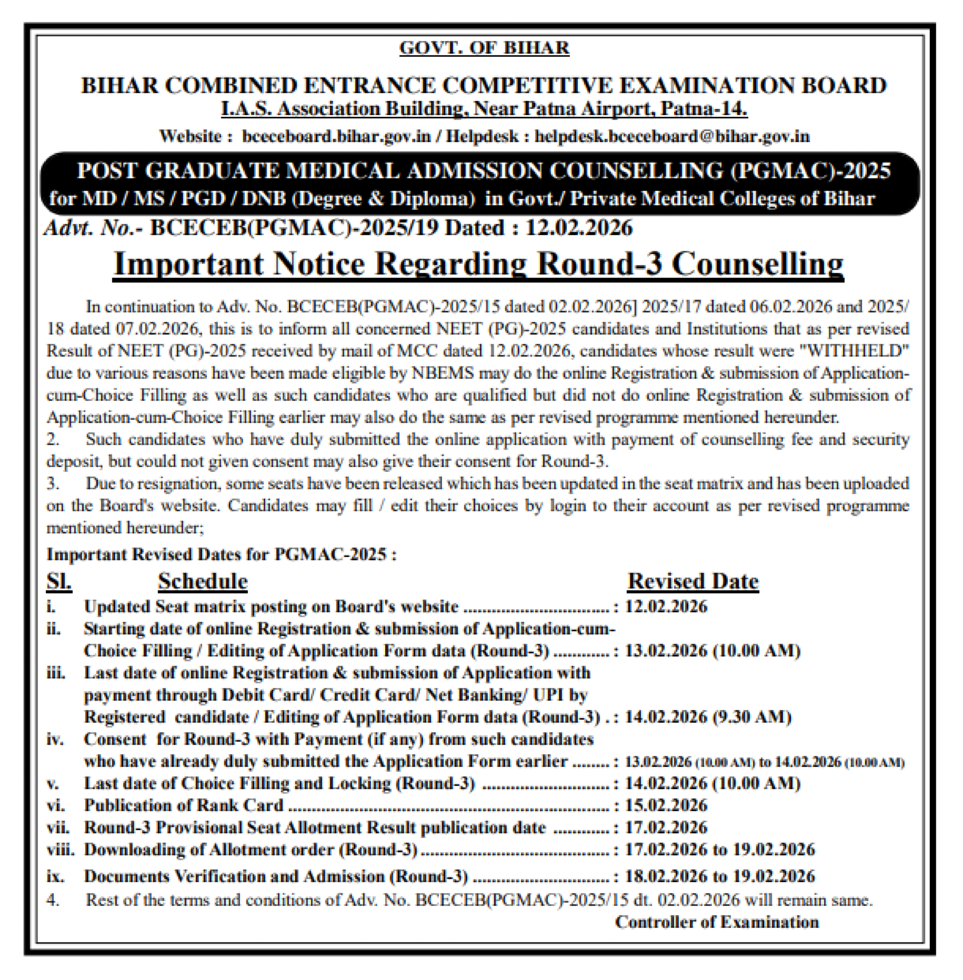 BIHAR PG COUNSELLING LATEST UPDATE 2025- REVISED SCHEDULE FOR ROUND 3