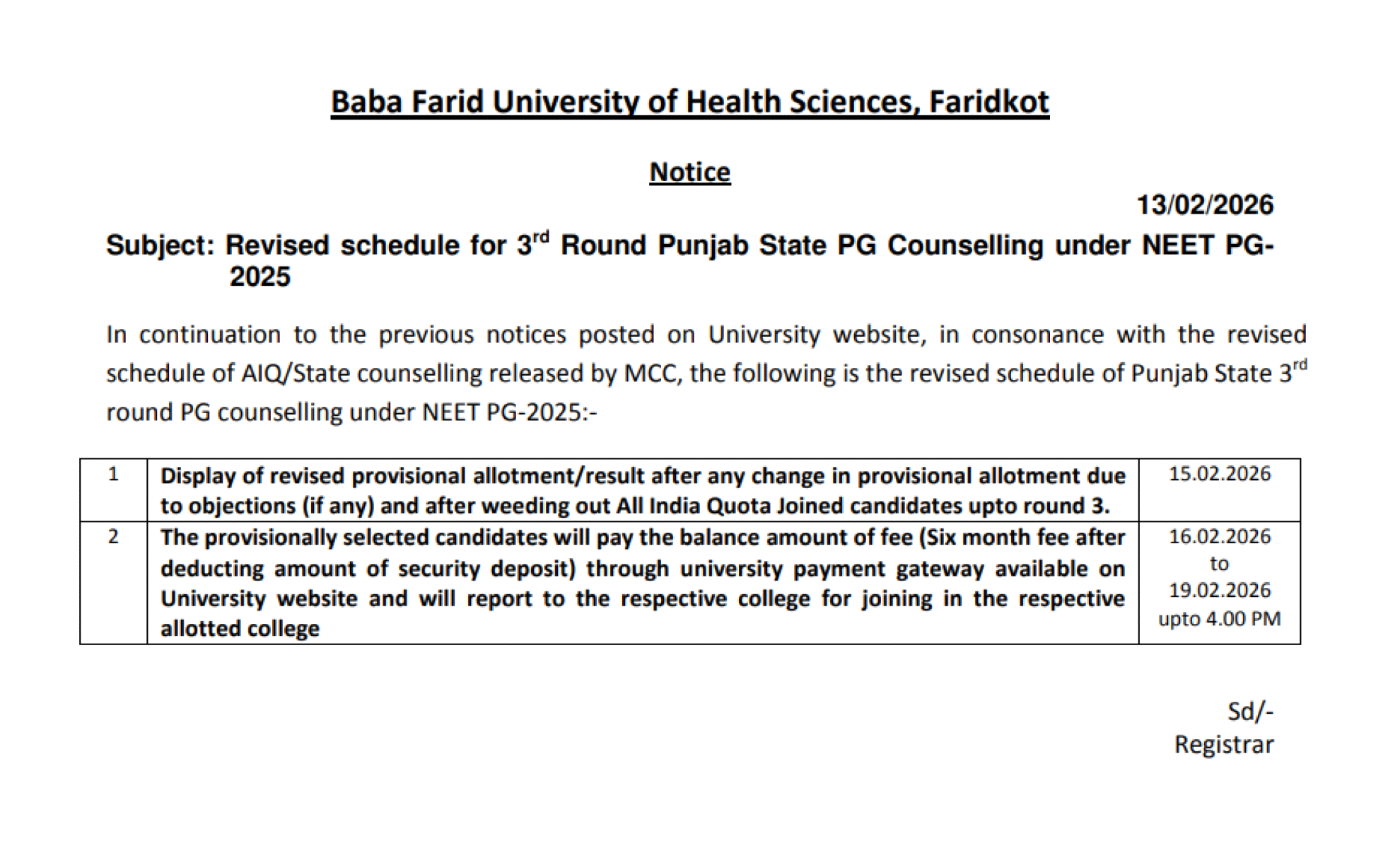 PUNJAB PG COUNSELLING LATEST UPDATE 2025- REVISED SCHEDULE ROUND 3 DATED 13-02-2026
