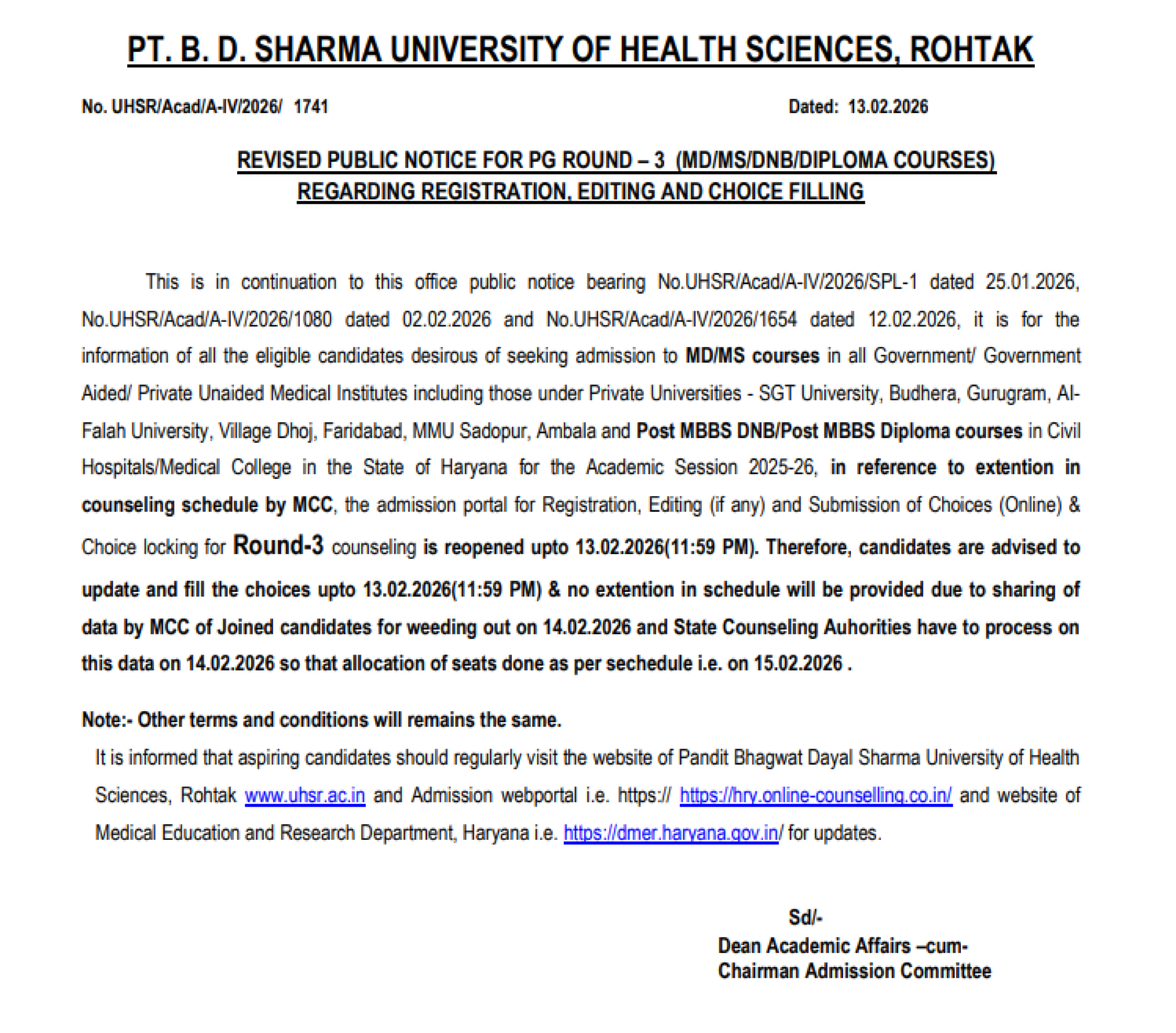 HARYANA PG COUNSELLING LATEST UPDATE 2025- NOTICE REGARDING REOPENING OF REGISTRATION & CHOICE FILLING R3