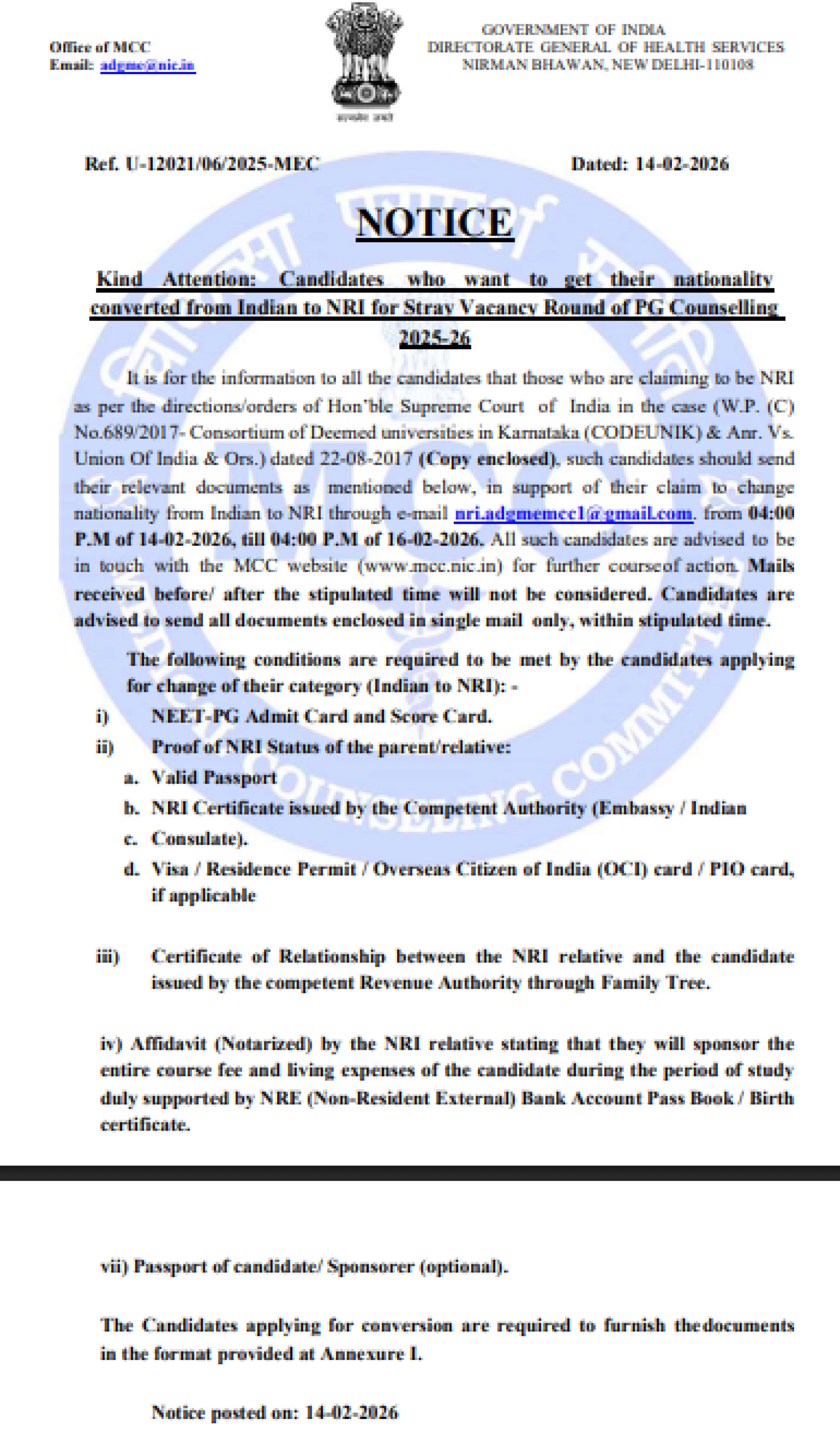 MCC PG COUNSELLING LATEST UPDATE 2025- NRI CONVERSION NOTICE ROUND 4