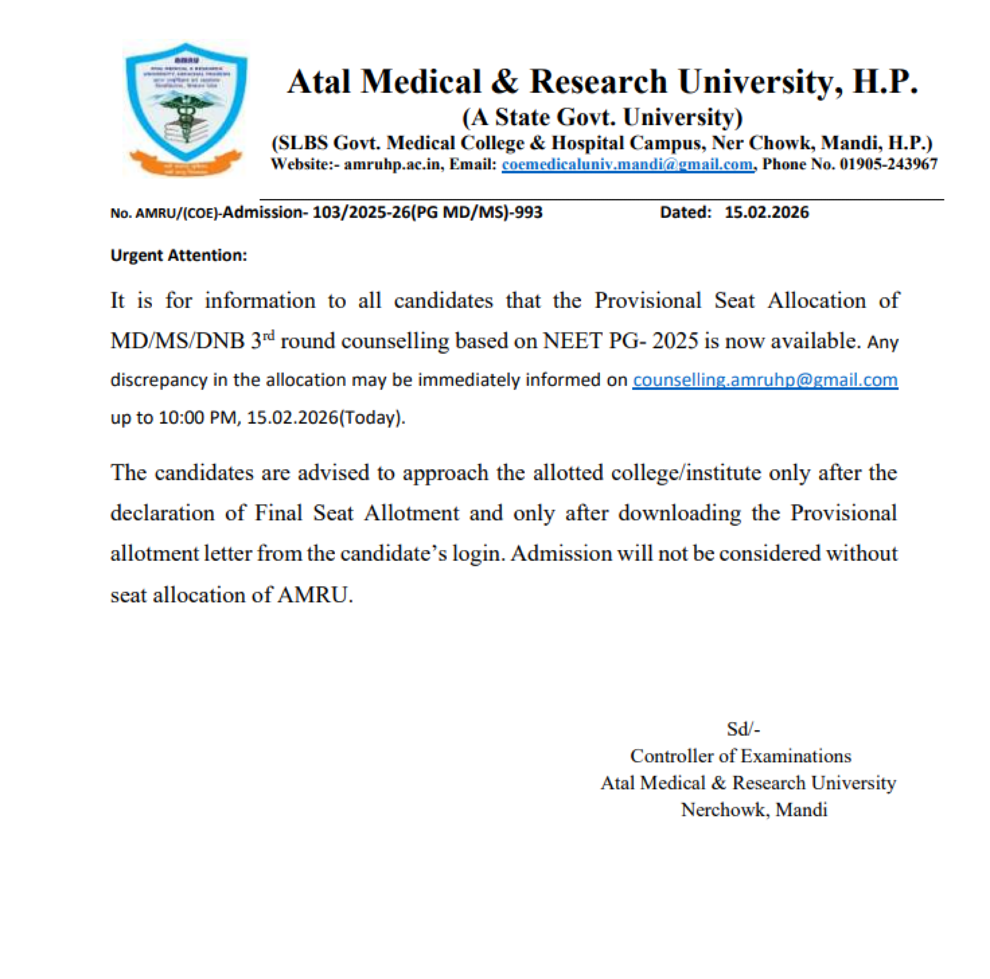 HIMACHAL PG COUNSELLING LATEST UPDATE 2025- PROVISIONAL RESULT ROUND3 PUBLISHED