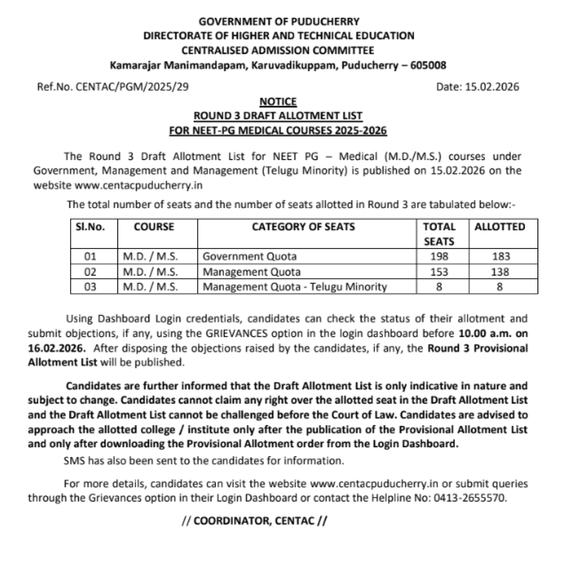 PONDICHERRY PG COUNSELLING LATEST UPDATE 2025- DRAFT ALLOTMENT LIST PUBLISHED ROUND3