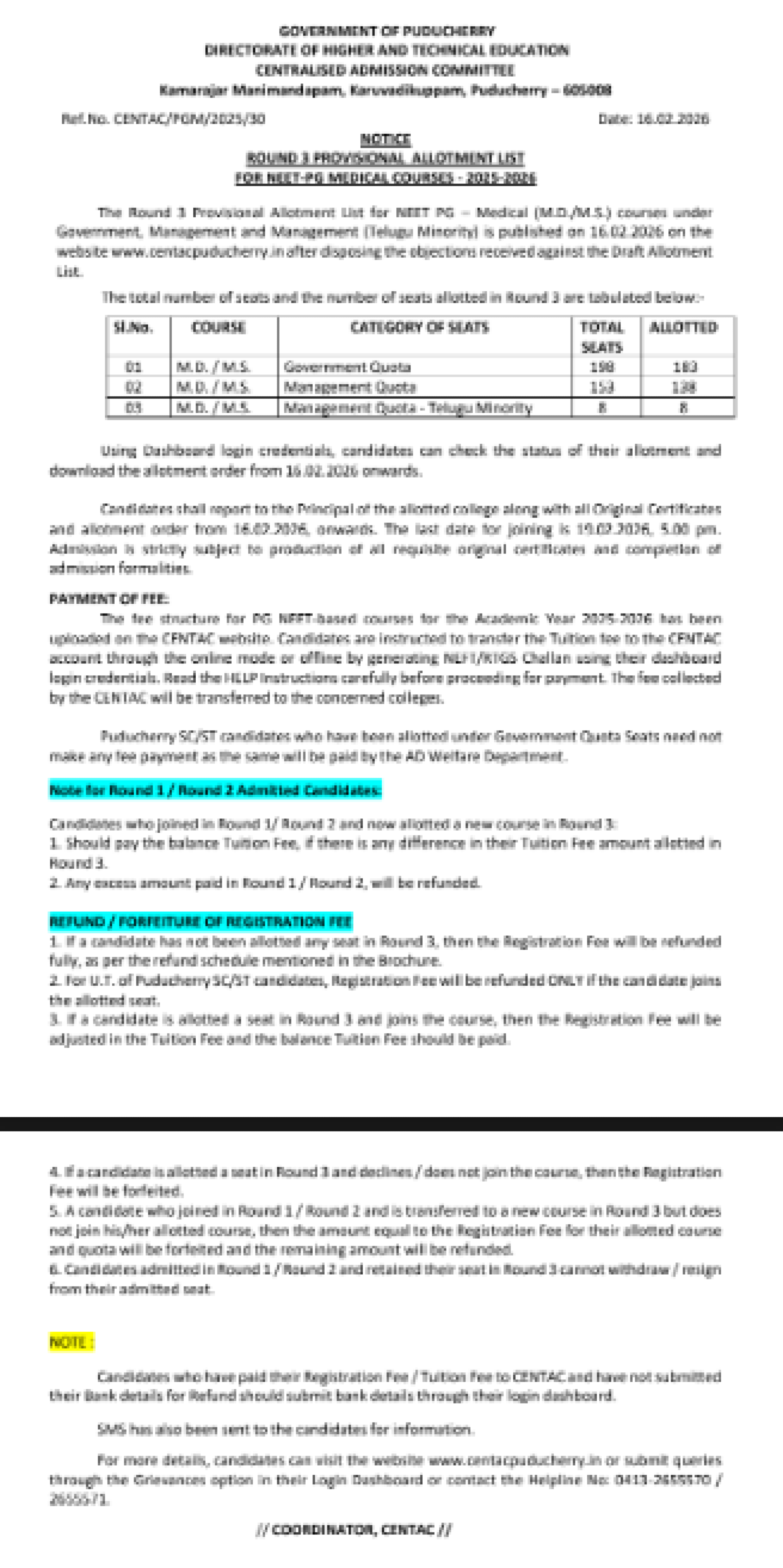 PONDICHERRY PG COUNSELLING LATEST UPDATE 2025- ROUND3 PROVISIONAL ALLOTMENT PUBLISHED