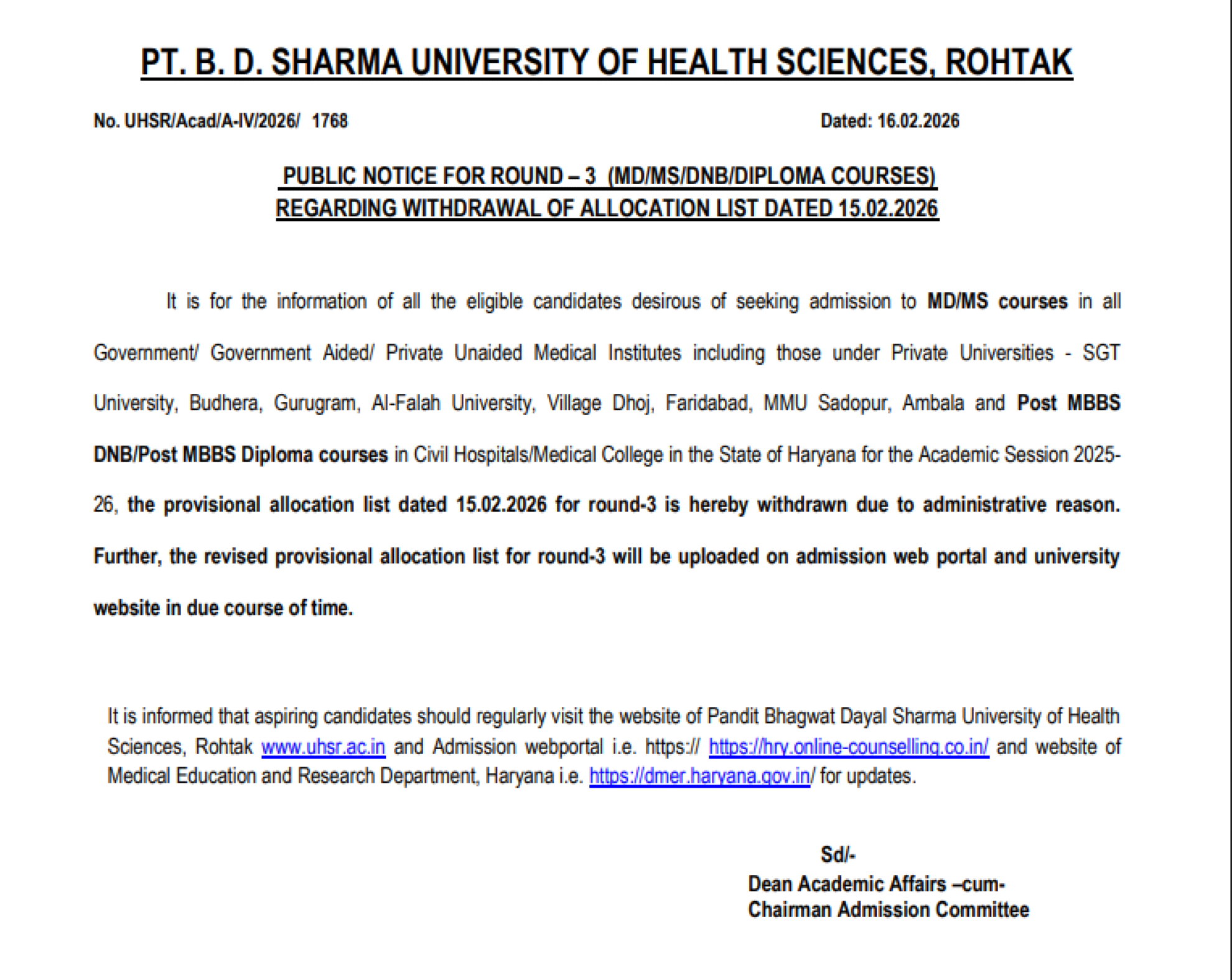 HARYANA PG COUNSELLING LATEST UPDATE 2025- WITHDRAWAL OF RESULT ROUND3