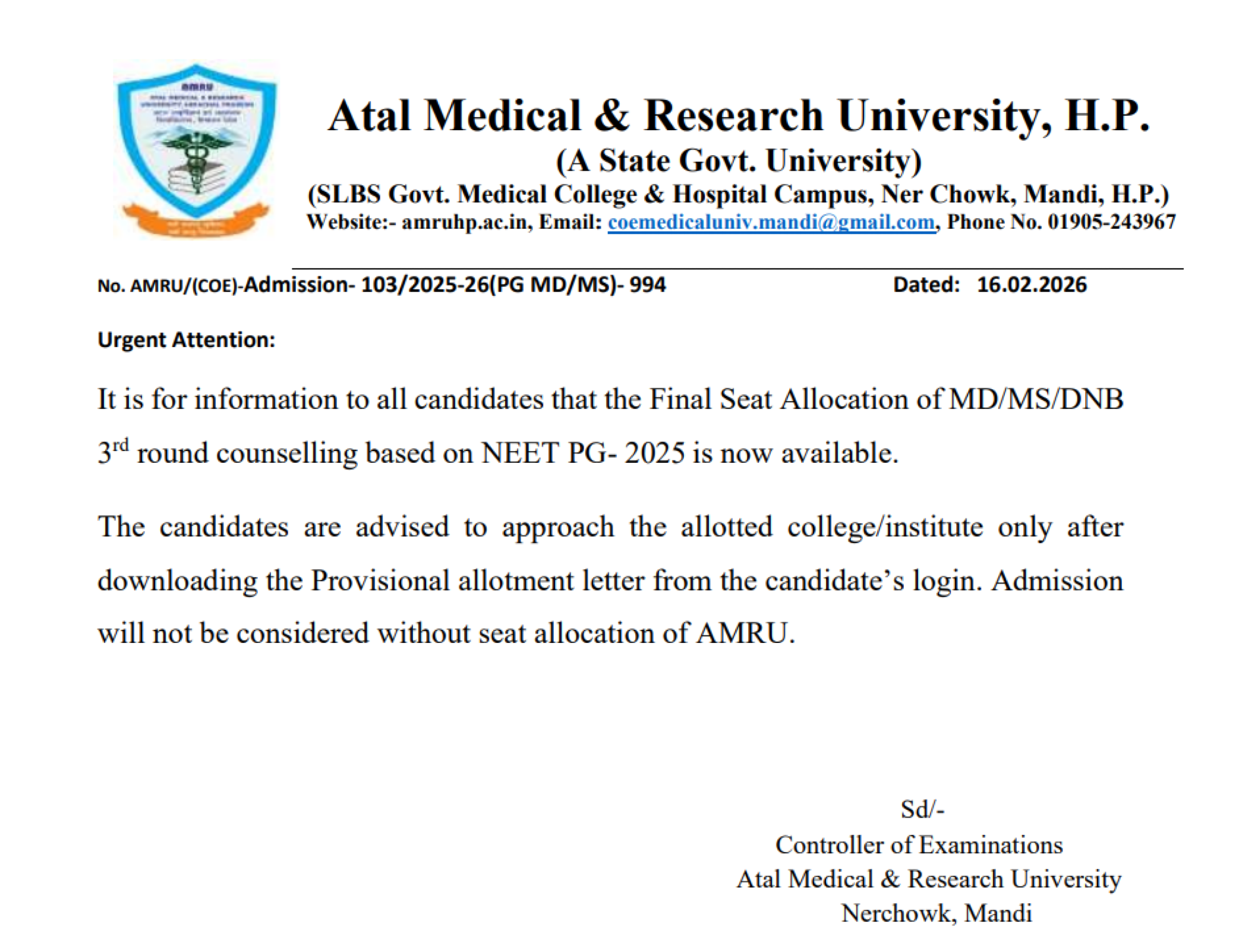 HIMACHAL PG COUNSELLING LATEST UPDATE 2025- ROUND3 FINAL RESULT PUBLISHED