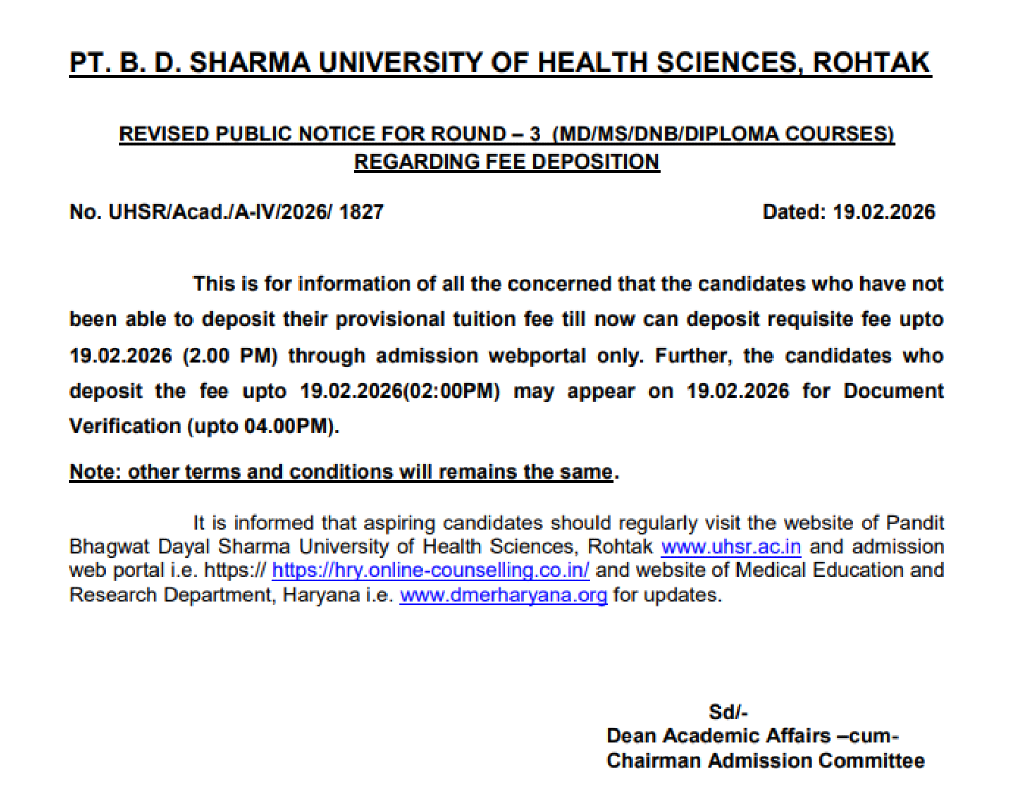 HARYANA PG COUNSELLING LATEST UPDATE 2025-ROUND3 FEE DEPOSIT NOTICE