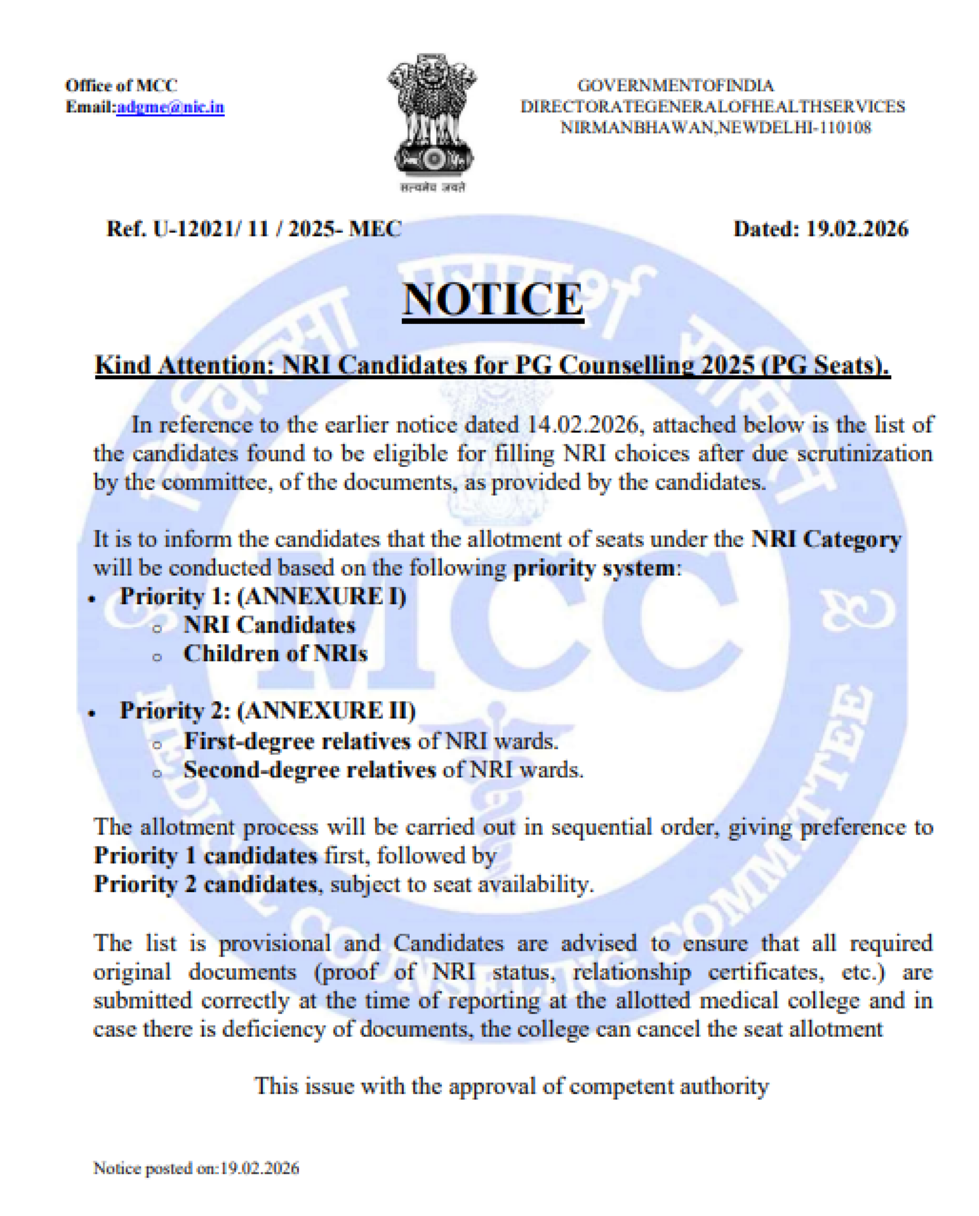 MCC PG COUNSELLING LATEST UPDATE 2025- NRI CONVERSION LIST ROUND4 PUBLISHED