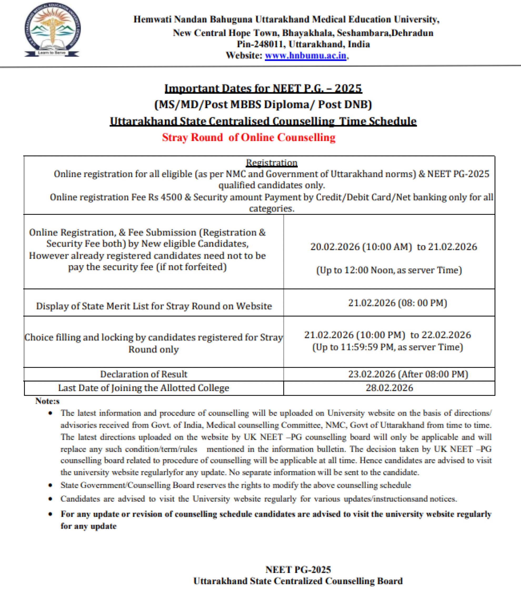 UTTARAKHAND PG COUNSELLING LATEST UPDATE 2025- ROUND4 SCHEDULE