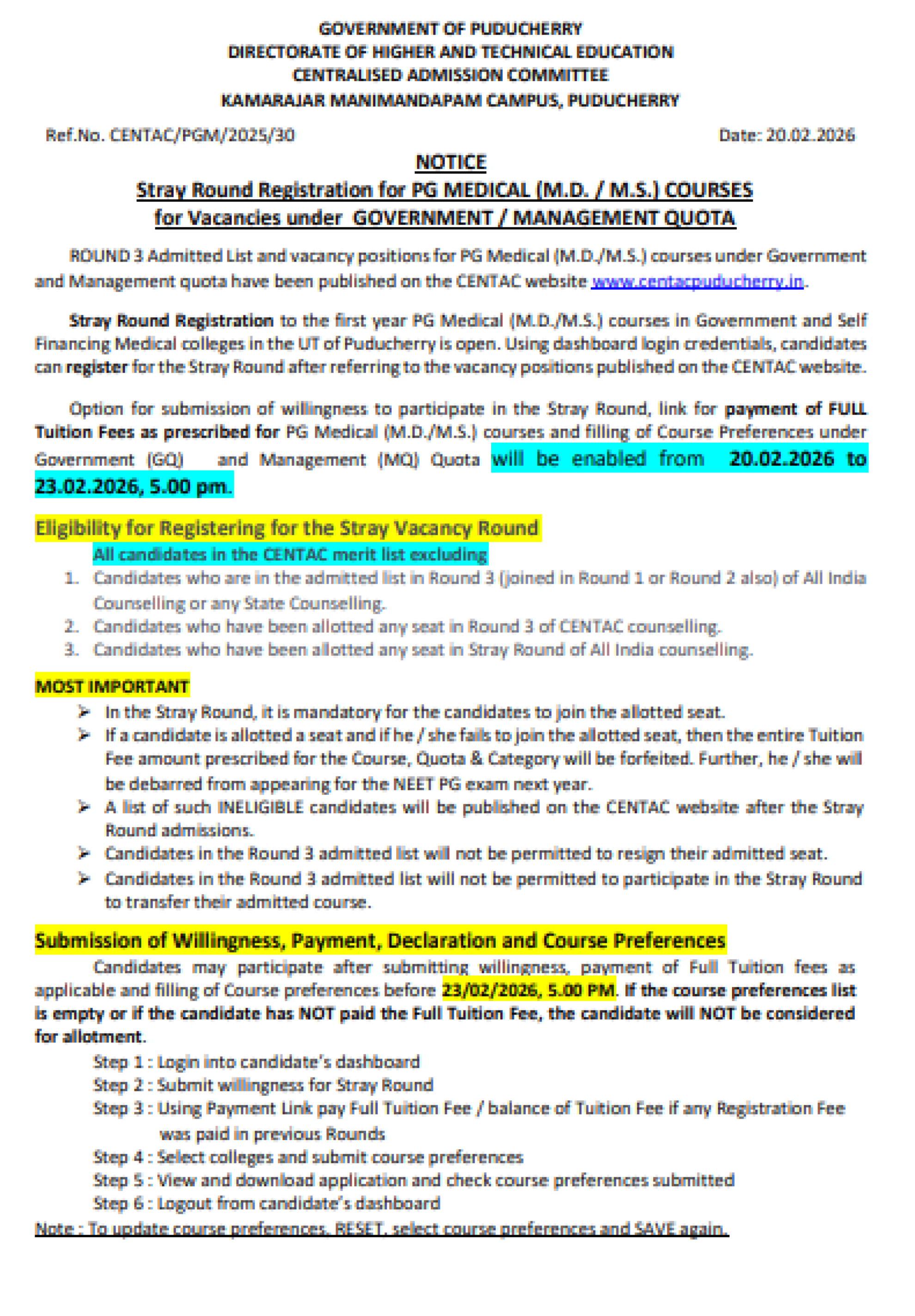 PONDICHERRY PG COUNSELLING LATEST UPDATE 2025- ROUND4 REGISTRATION NOTICE