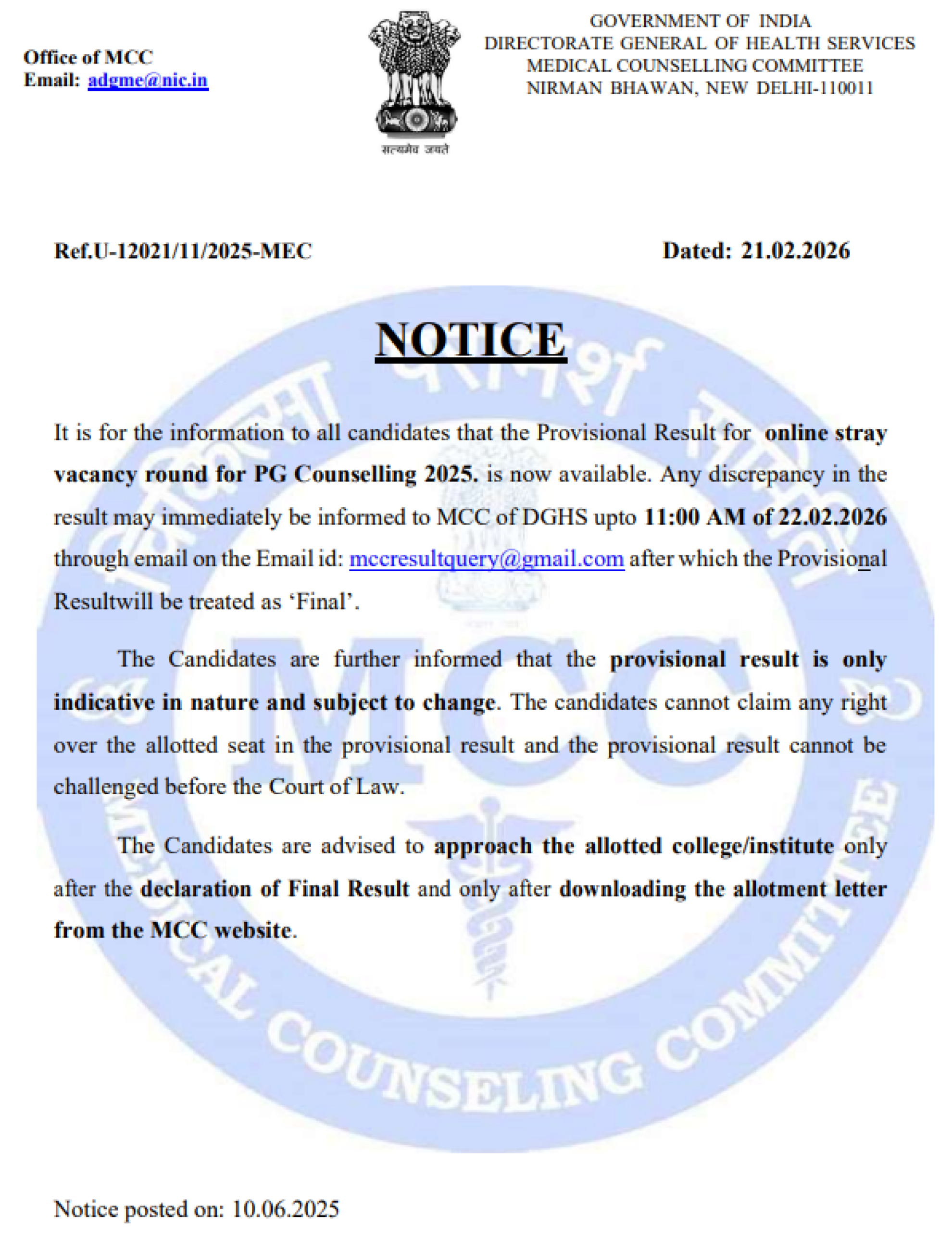 MCC PG COUNSELLING LATEST UPDATE 2025- PROVISIONAL RESULT ROUND4 PUBLISHED