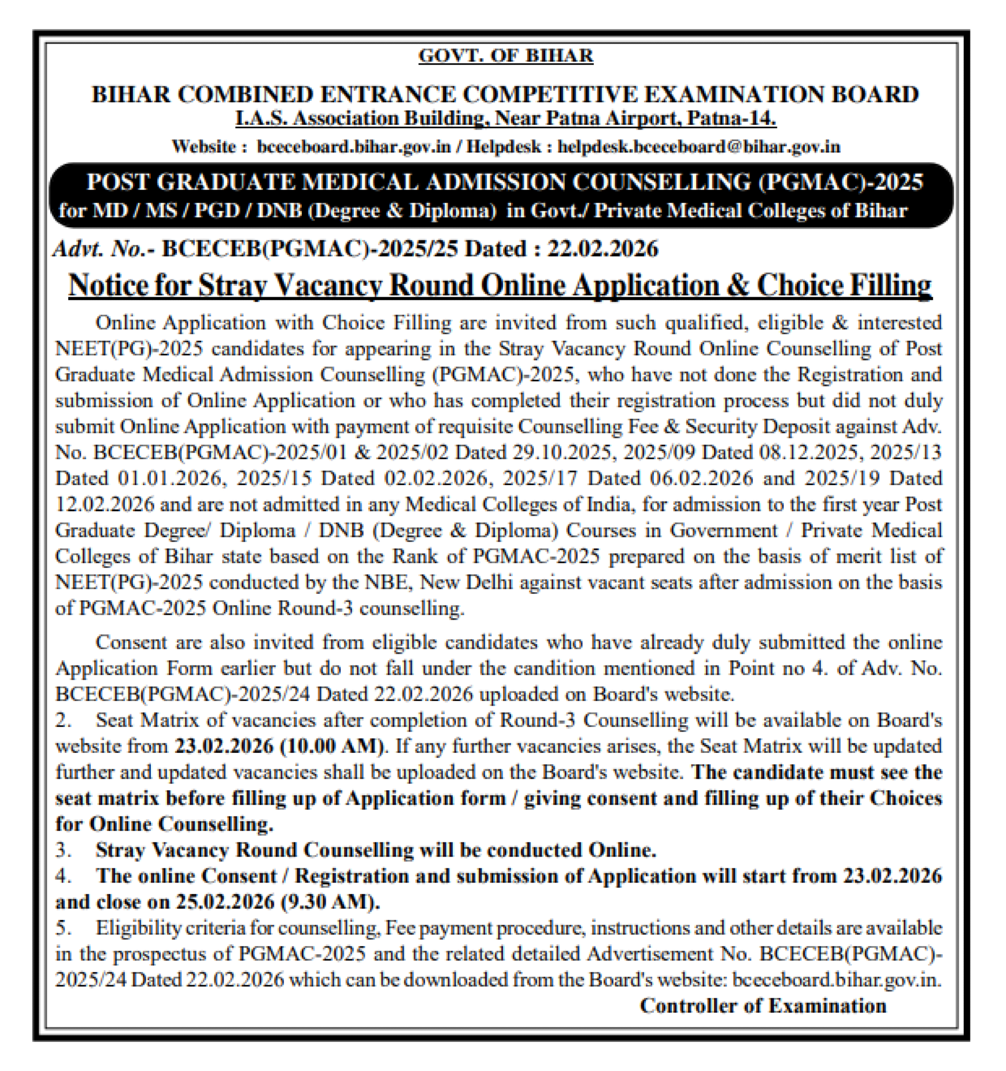BIHAR PG COUNSELLING LATEST UPDATE 2025- CHOICE FILLING NOTICE ROUND4