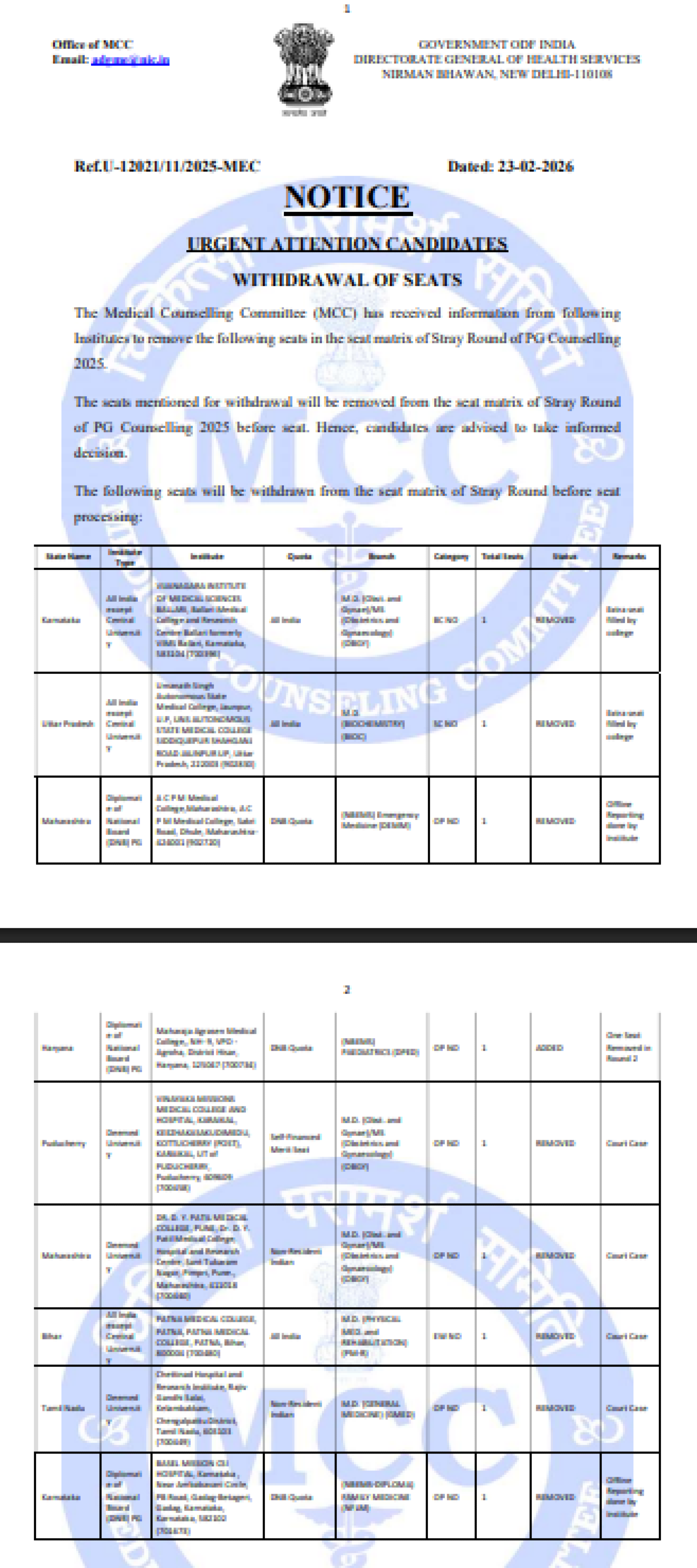 MCC PG COUNSELLING LATEST UPDATE 2025- NOTICE FOR ADD AND REMOVAL OF SEATS ROUND 4