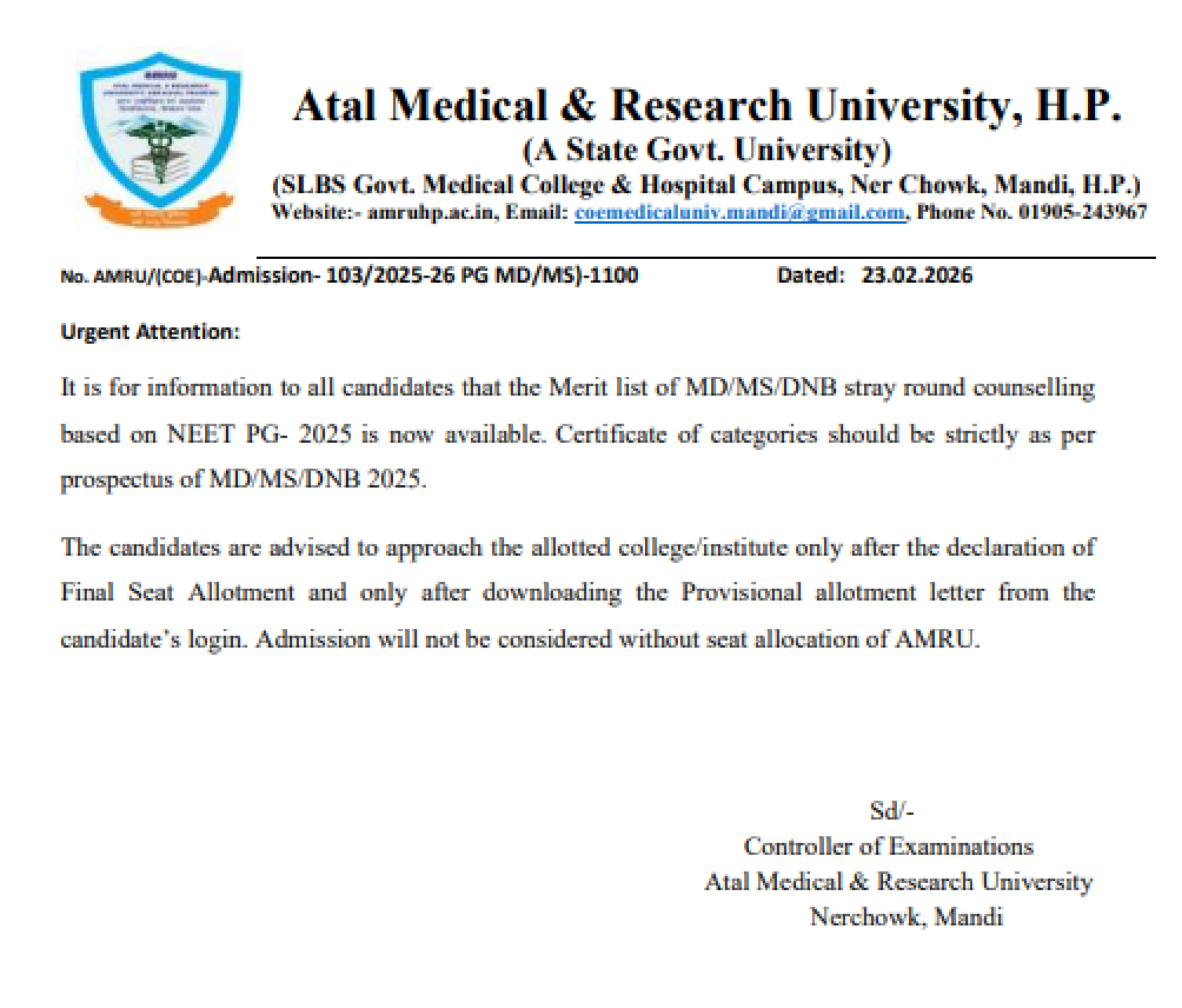 HIMACHAL PG COUNSELLING LATEST UPDATE 2025- MERIT LIST ROUND4