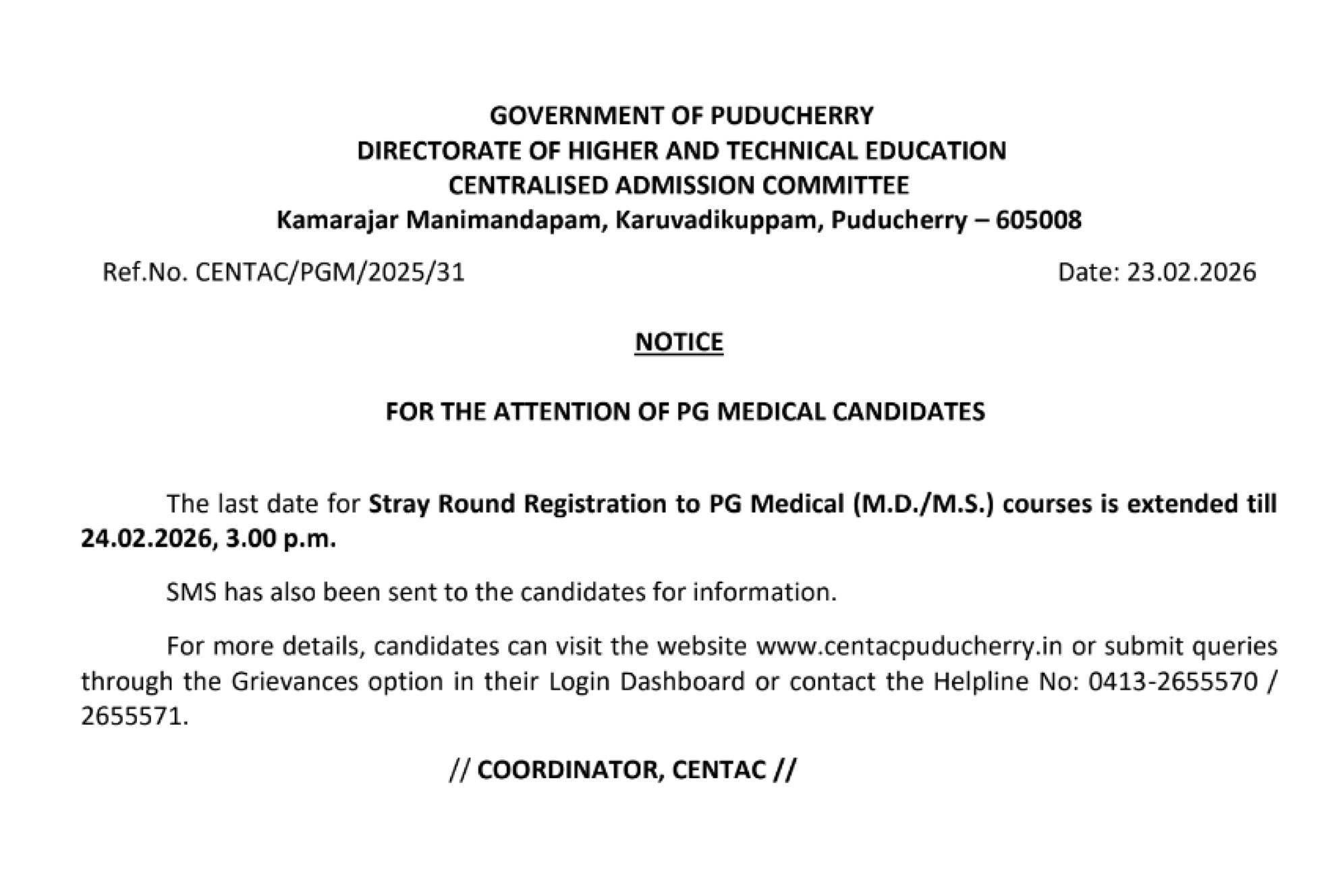 PONDICHERRY PG COUNSELLING LATEST UPDATE 2025- REGISTRATION DATE EXTENDED ROUND4