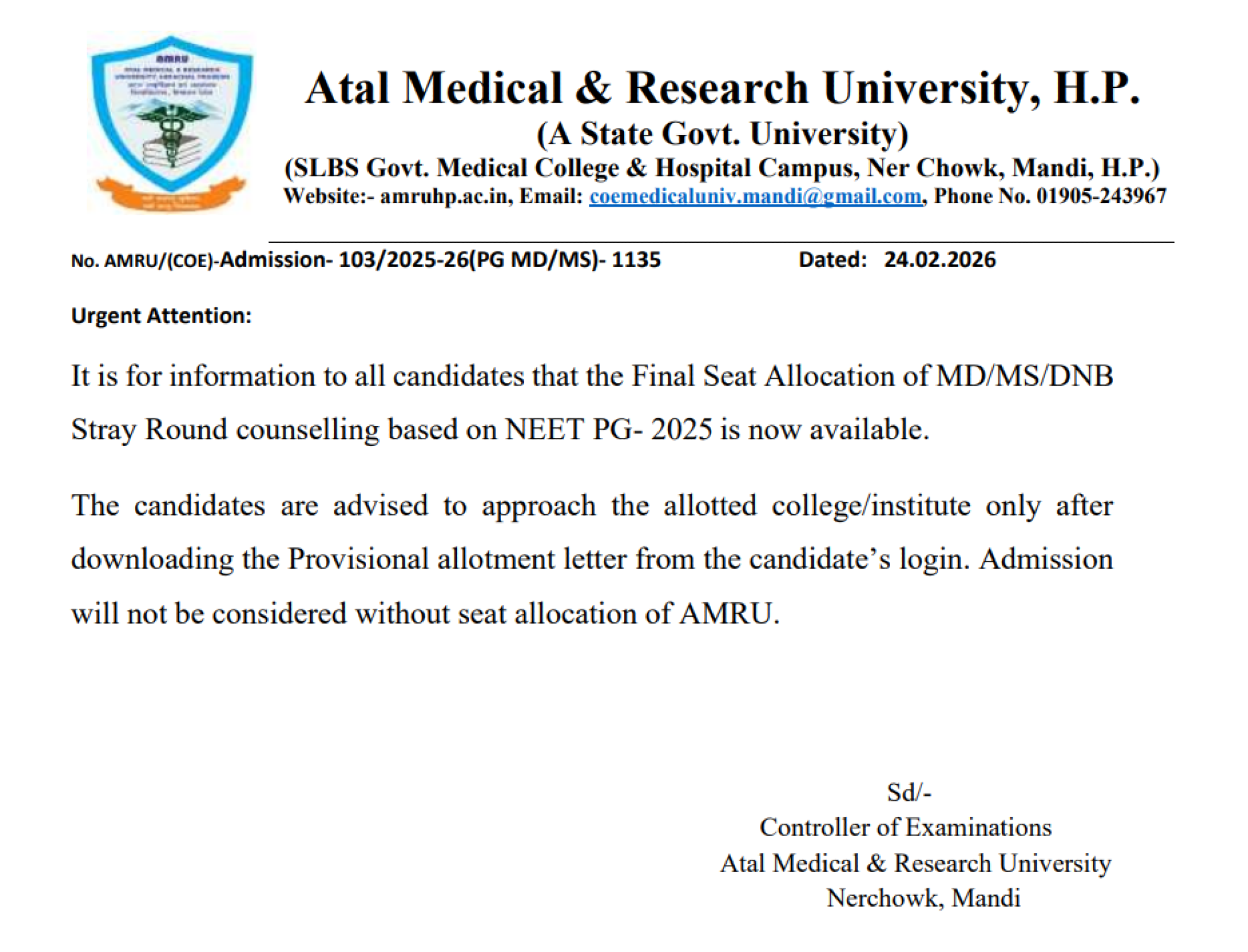 HIMACHAL PG COUNSELLING LATEST UPDATE 2025- FINAL RESULT ROUND4 PUBLISHED