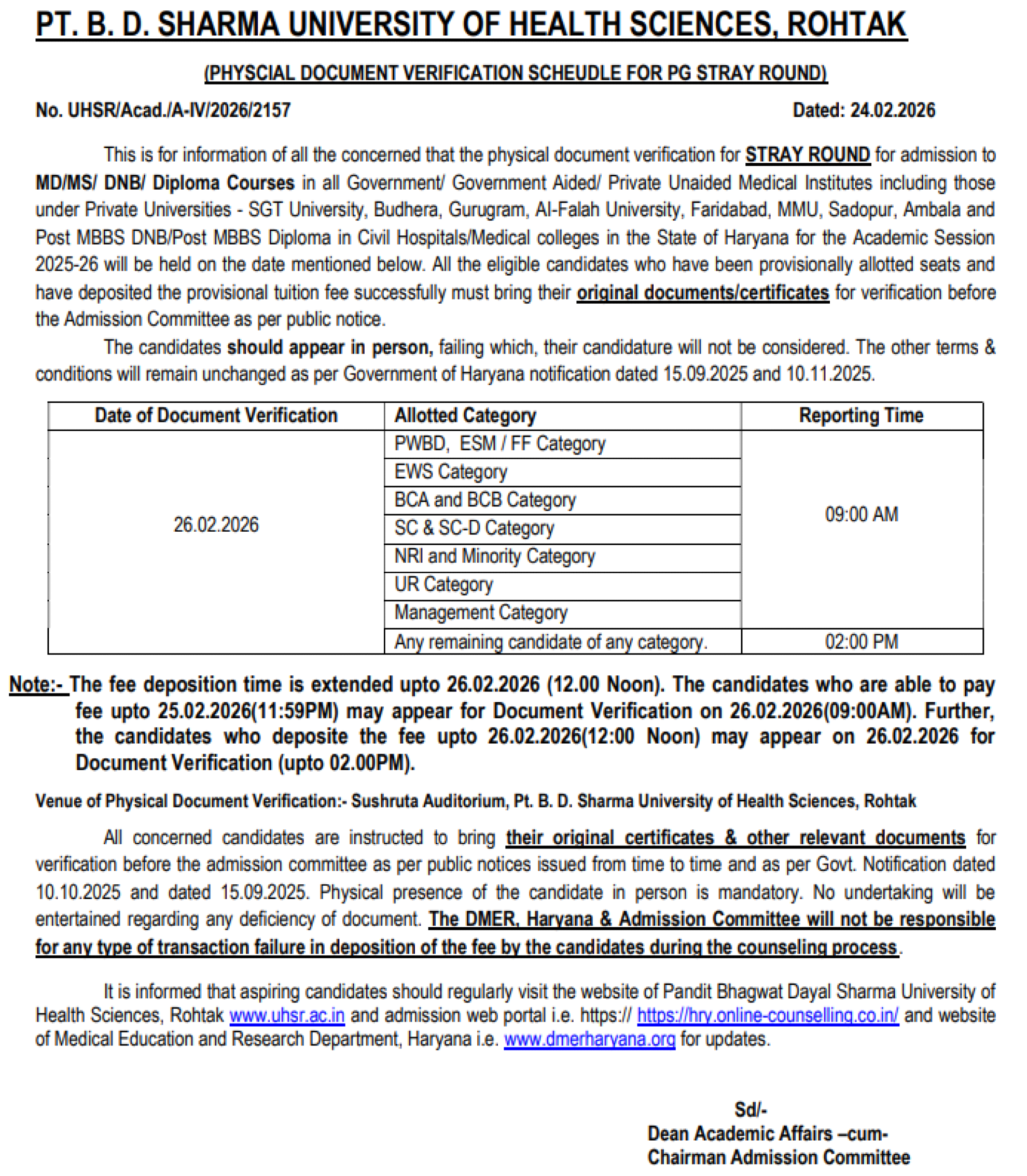 HARYANA PG COUNSELLING LATEST UPDATE 2025- DOCUMENT VERIFICATION NOTICE ROUND4