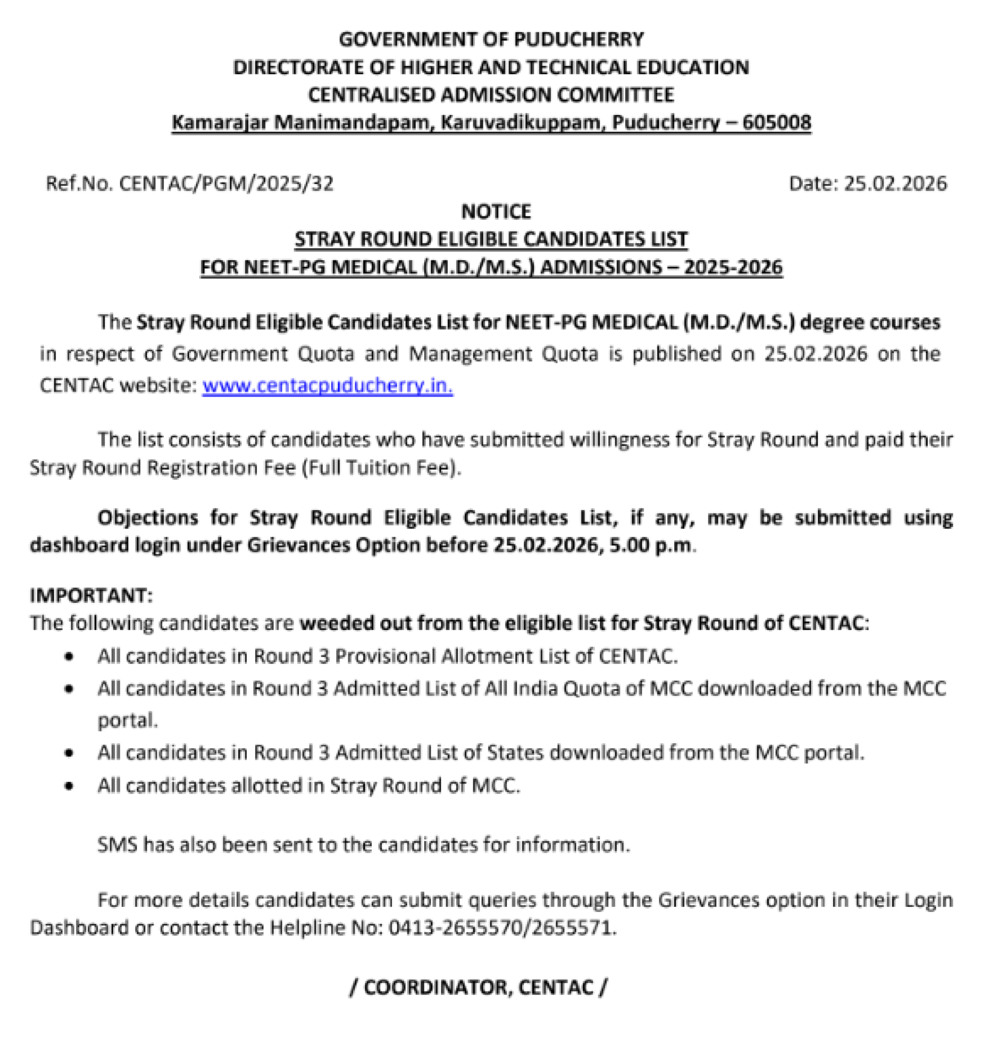 PONDICHERRY PG COUNSELLING LATEST UPDATE 2025- ELIGIBLE CANDIDATE LIST ROUND4 PUBLISHED