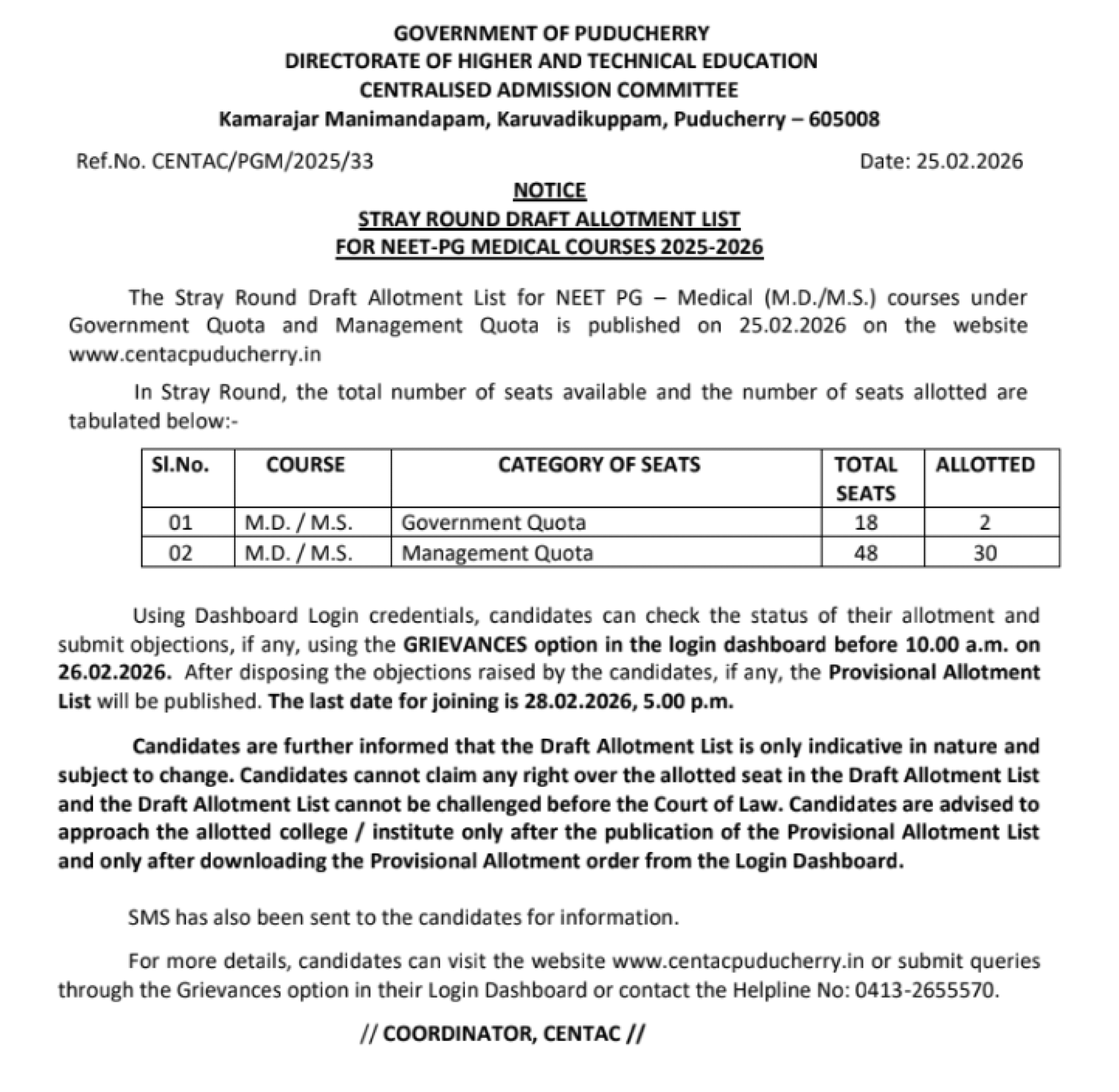 PONDICHERRY PG COUNSELLING LATEST UPDATE 2025- DRAFT ALLOTMENT ROUND4 PUBLISHED