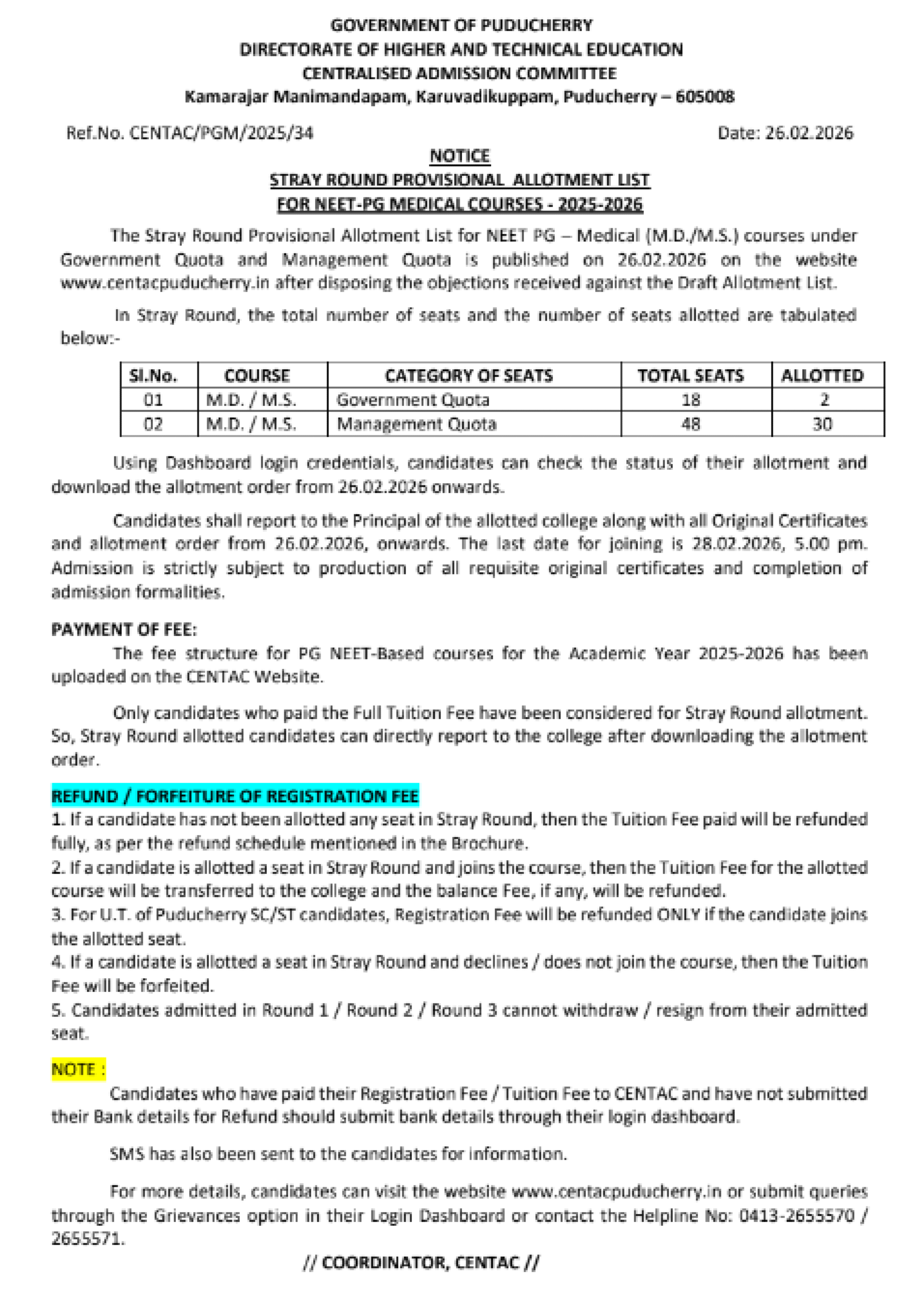 PONDICHERRY PG COUNSELLING LATEST UPDATE 2025- PROVISIONAL ALLOTMENT LIST ROUND 4 PUBLISHED