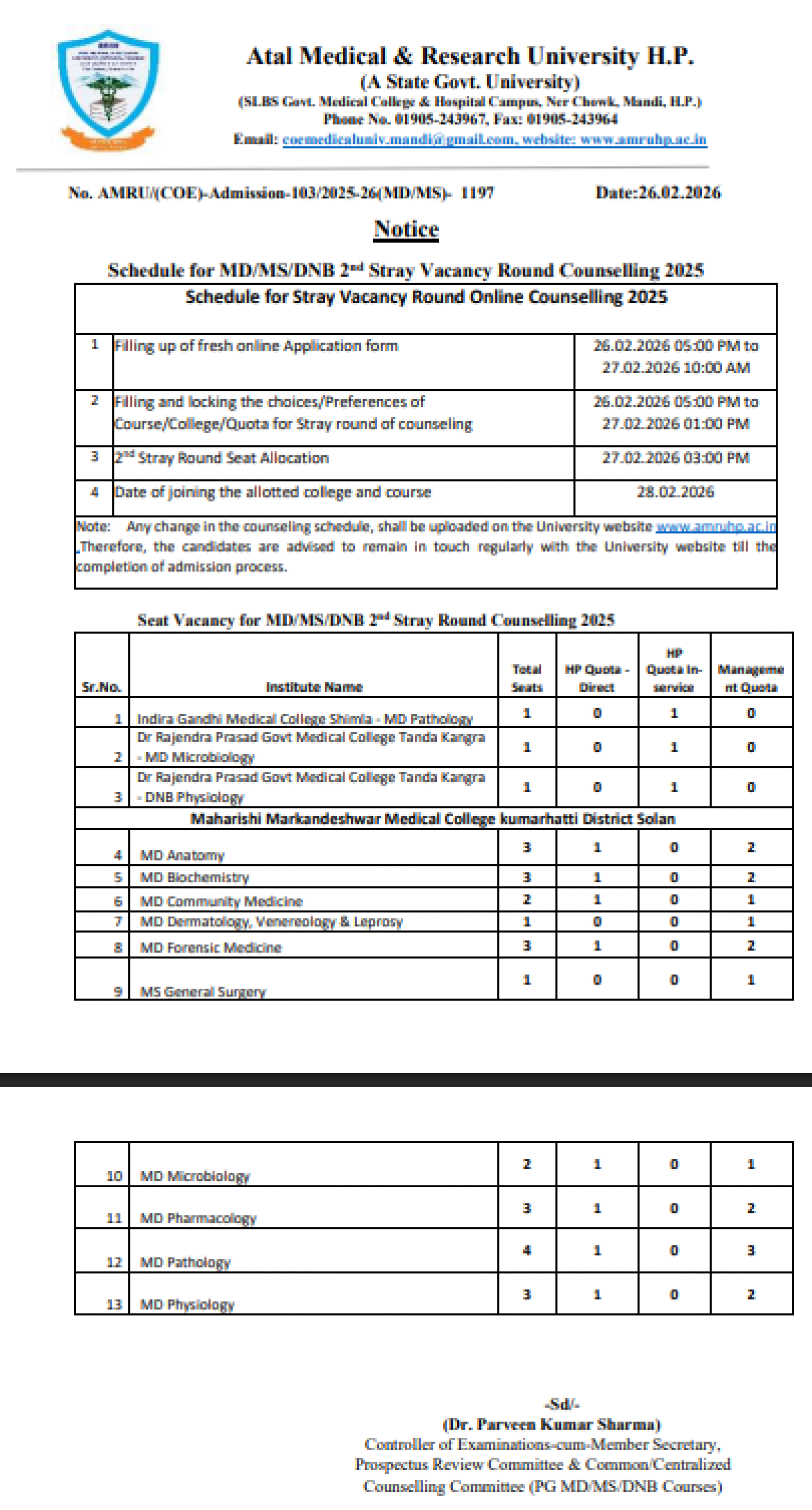 HIMACHAL PG COUNSELLING LATEST UPDATE 2025- SCHEDULE & VACANCY FOR 2ND STRAY ROUND