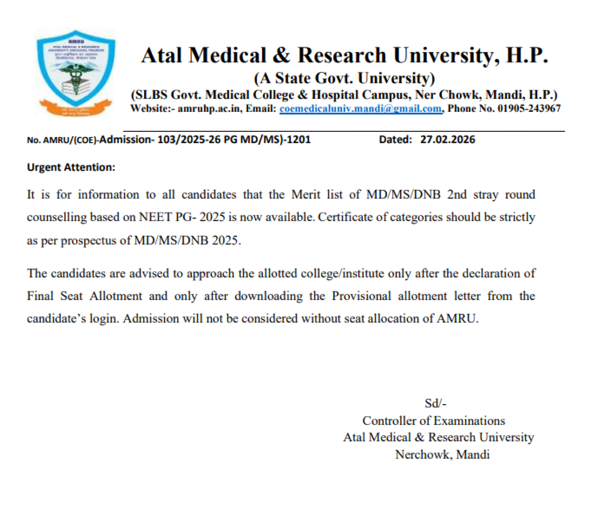 HIMACHAL PG COUNSELLING LATEST UPDATE 2025- MERIT LIST 2ND STRAY ROUND