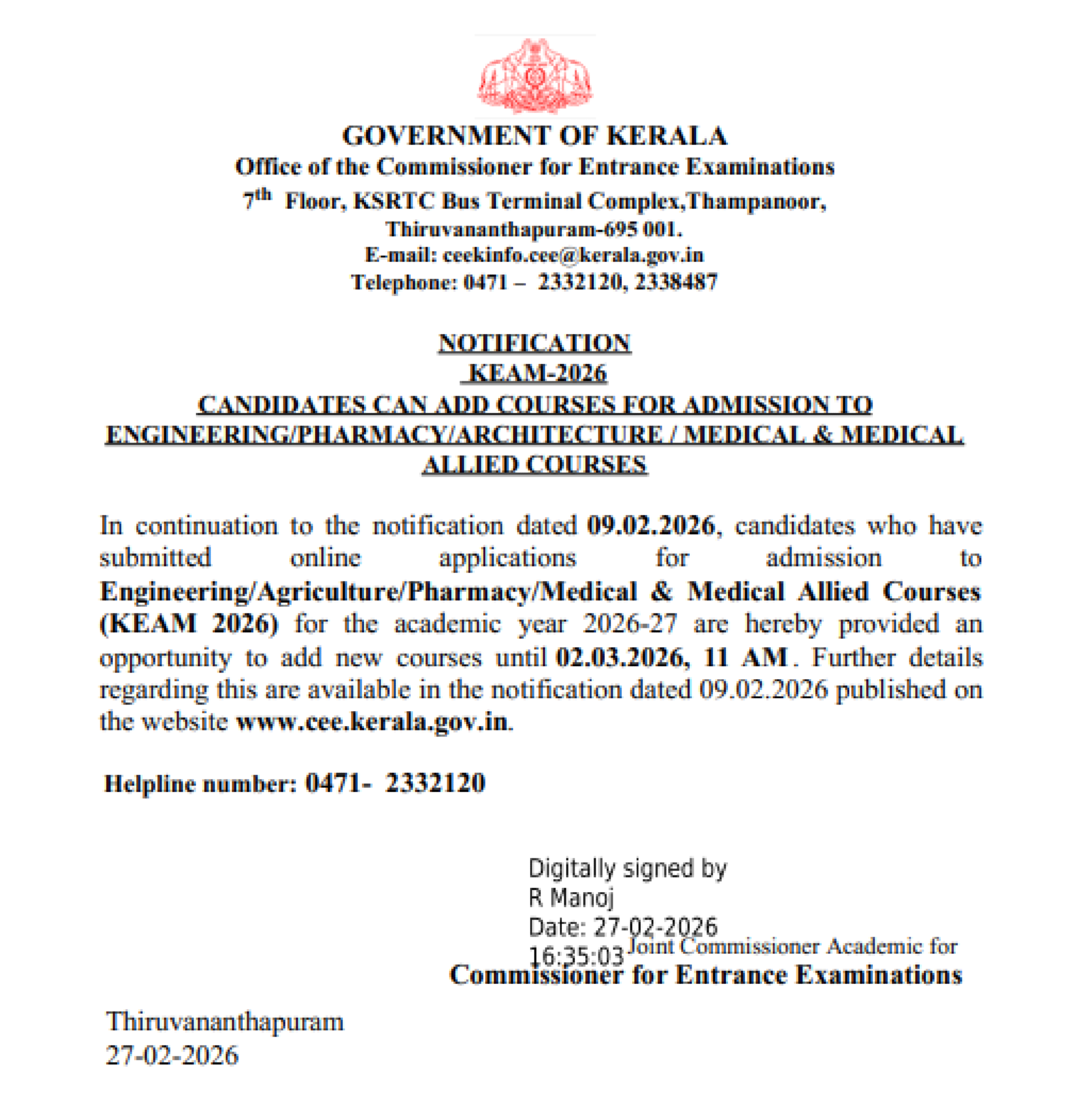 KERALA UG COUNSELLING LATEST UPDATE 2026- OPPORTUNITY TO ADD COURSES