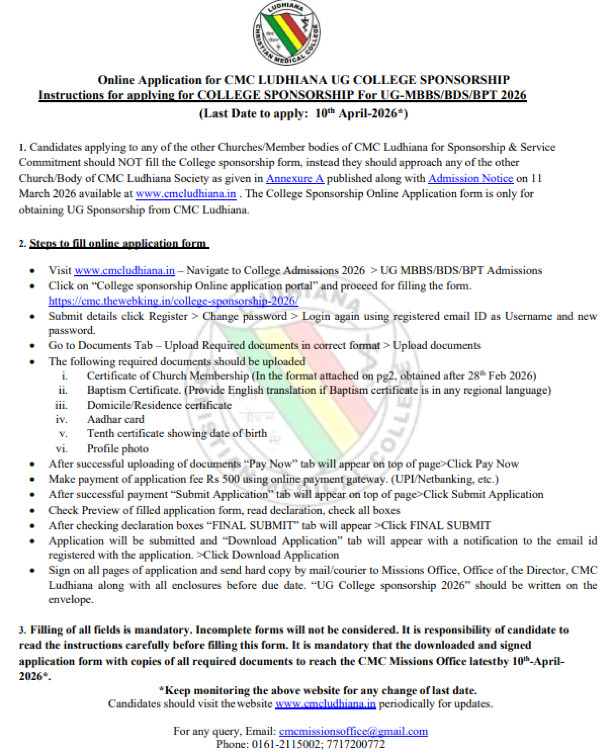 CMC LUDHIANA MBBS COUNSELLING LATEST UPDATE 2026- SPONSORSHIP APPLICATION INVITE