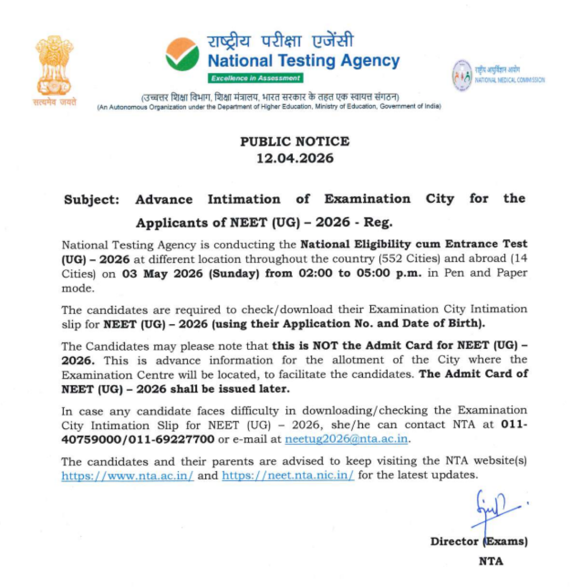 NEET UG 2026 Exam City Intimation Slip Released by NTA