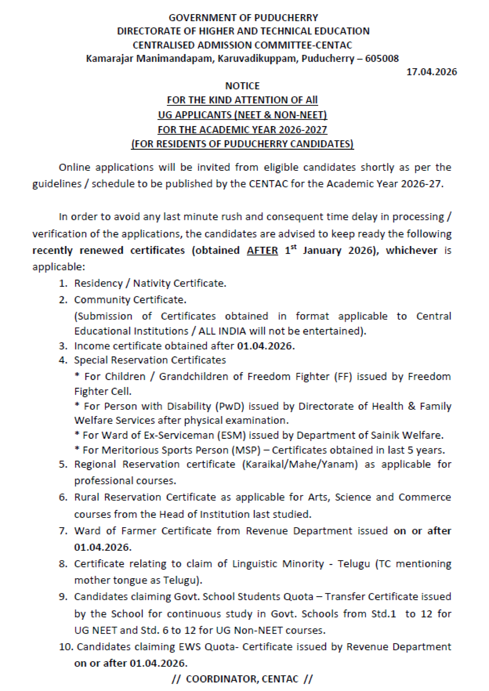 CENTAC Puducherry UG Admissions 2026–27 – Important Notice for Applicants