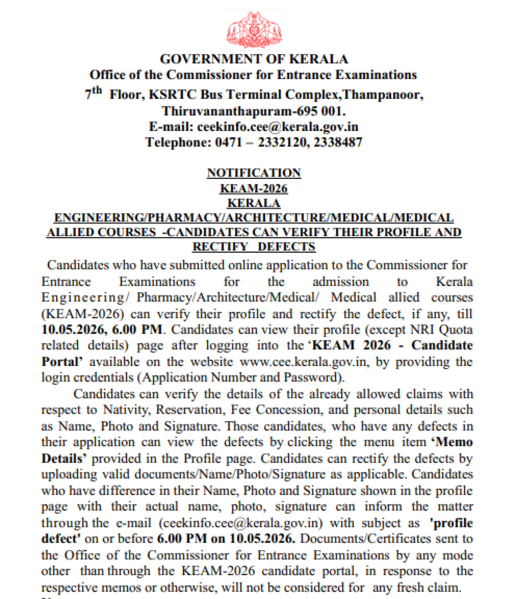 KEAM 2026 Profile Correction Notice – Verify & Rectify Defects Before Deadline