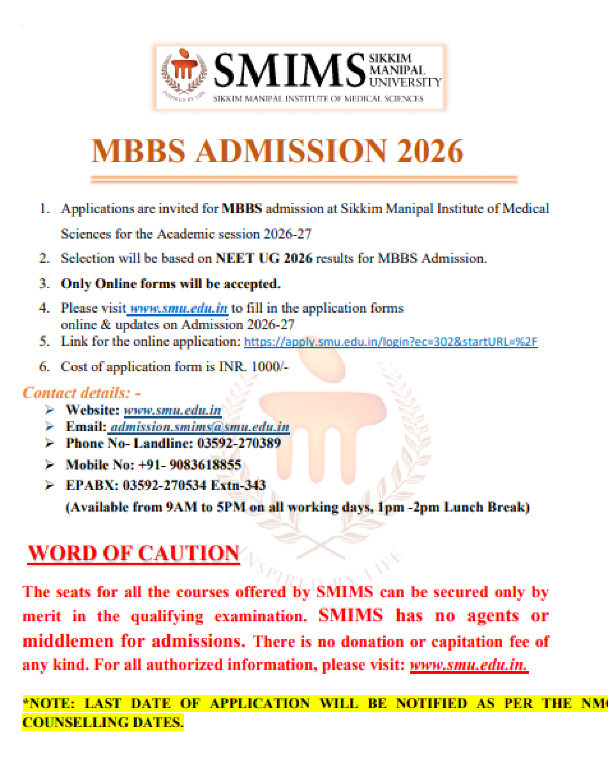 MBBS Admission 2026 – SMIMS, Sikkim Manipal University