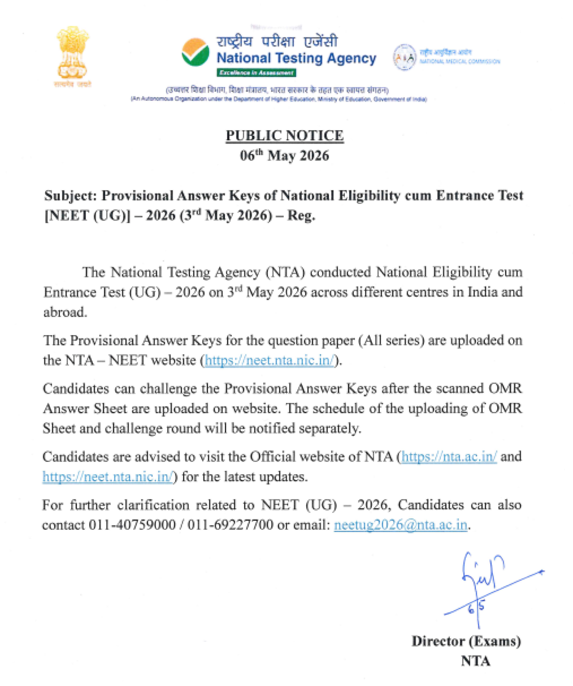 NEET UG 2026 Provisional Answer Key Released by NTA