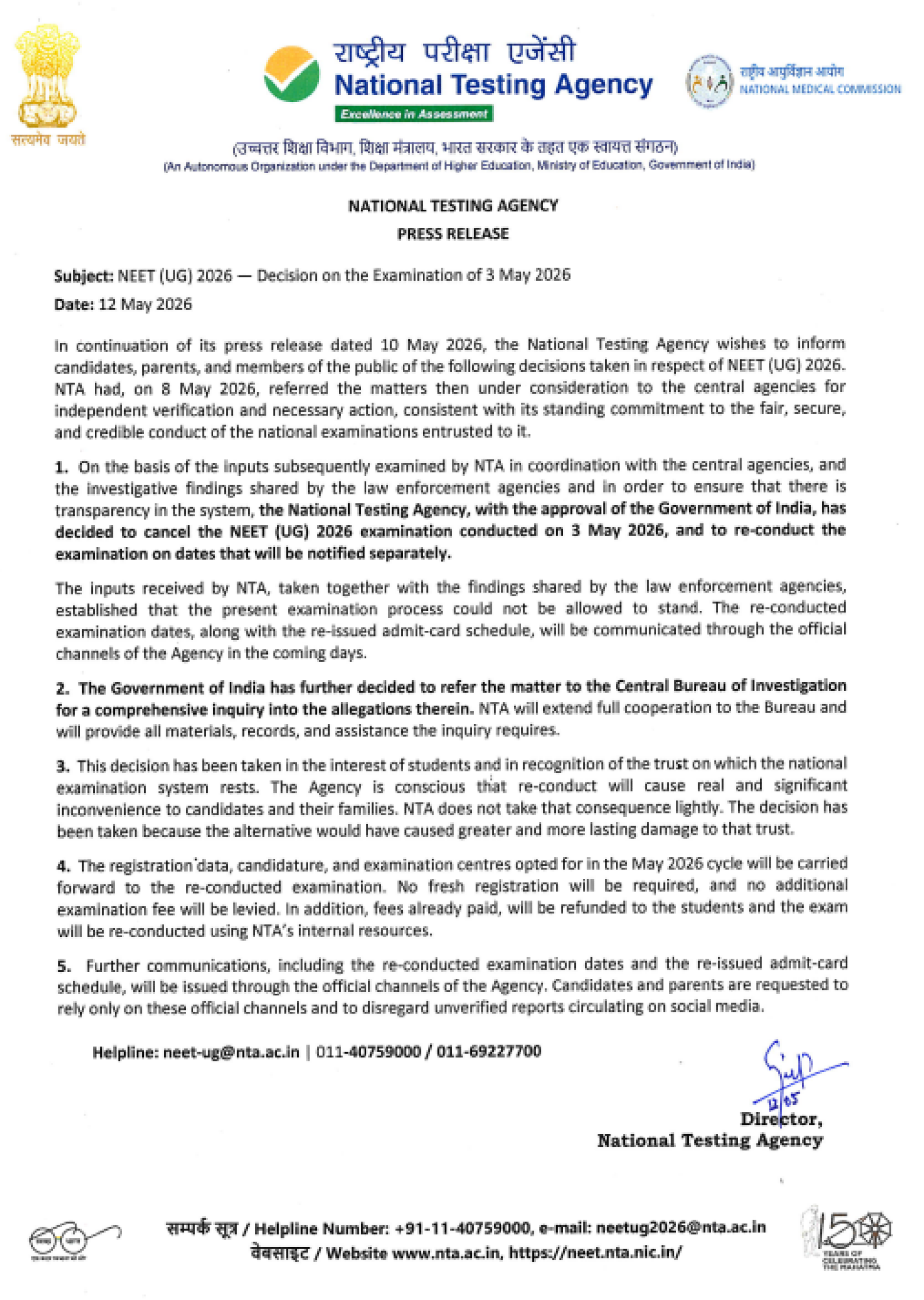 NEET UG 2026 Cancelled: Re-Exam to Be Conducted Soon