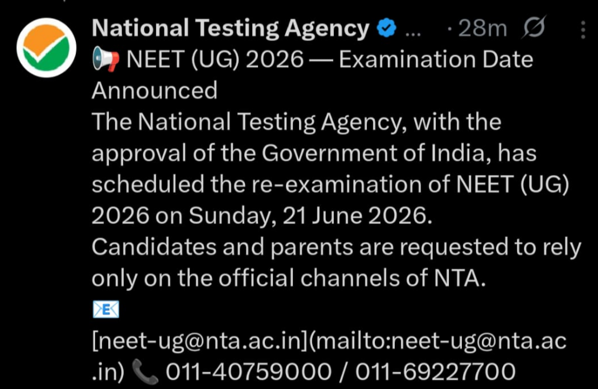 NEET UG 2026 Re-Examination Date Announced