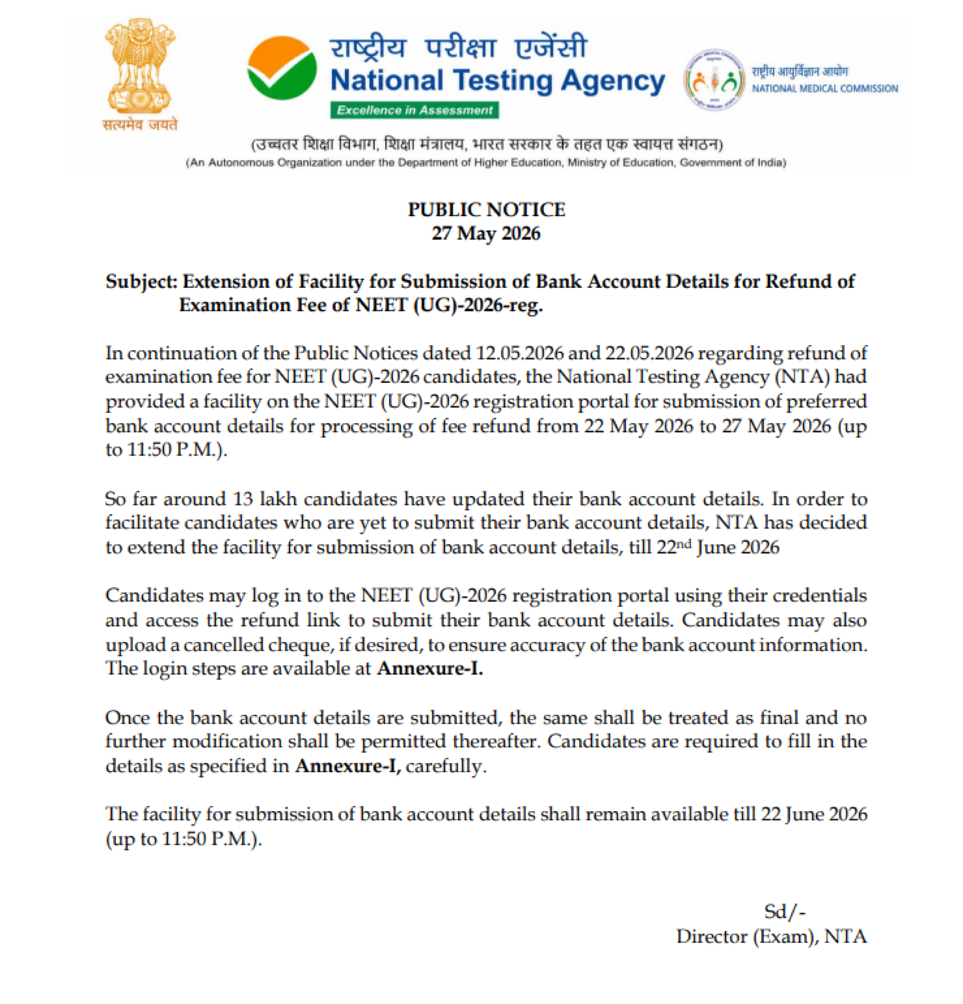 Extension of NEET (UG) 2026 Refund Bank Details Submission Deadline